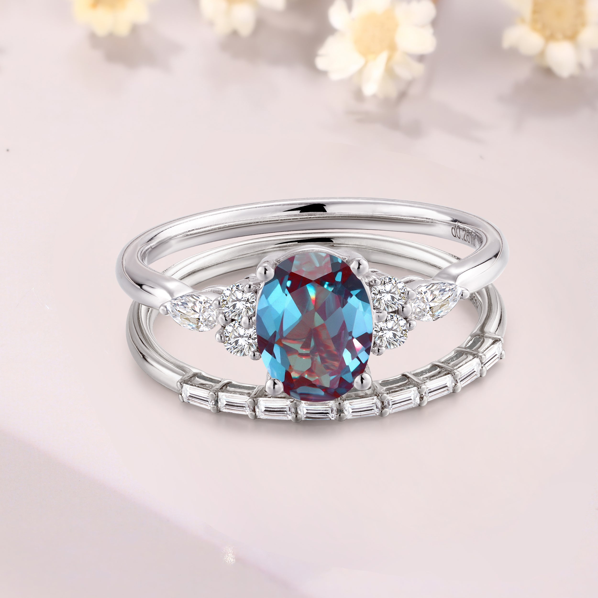 oval cut alexandrite engagement trio ring set 14K white gold alexandrite wedding bridal set June Birthstone Ring
