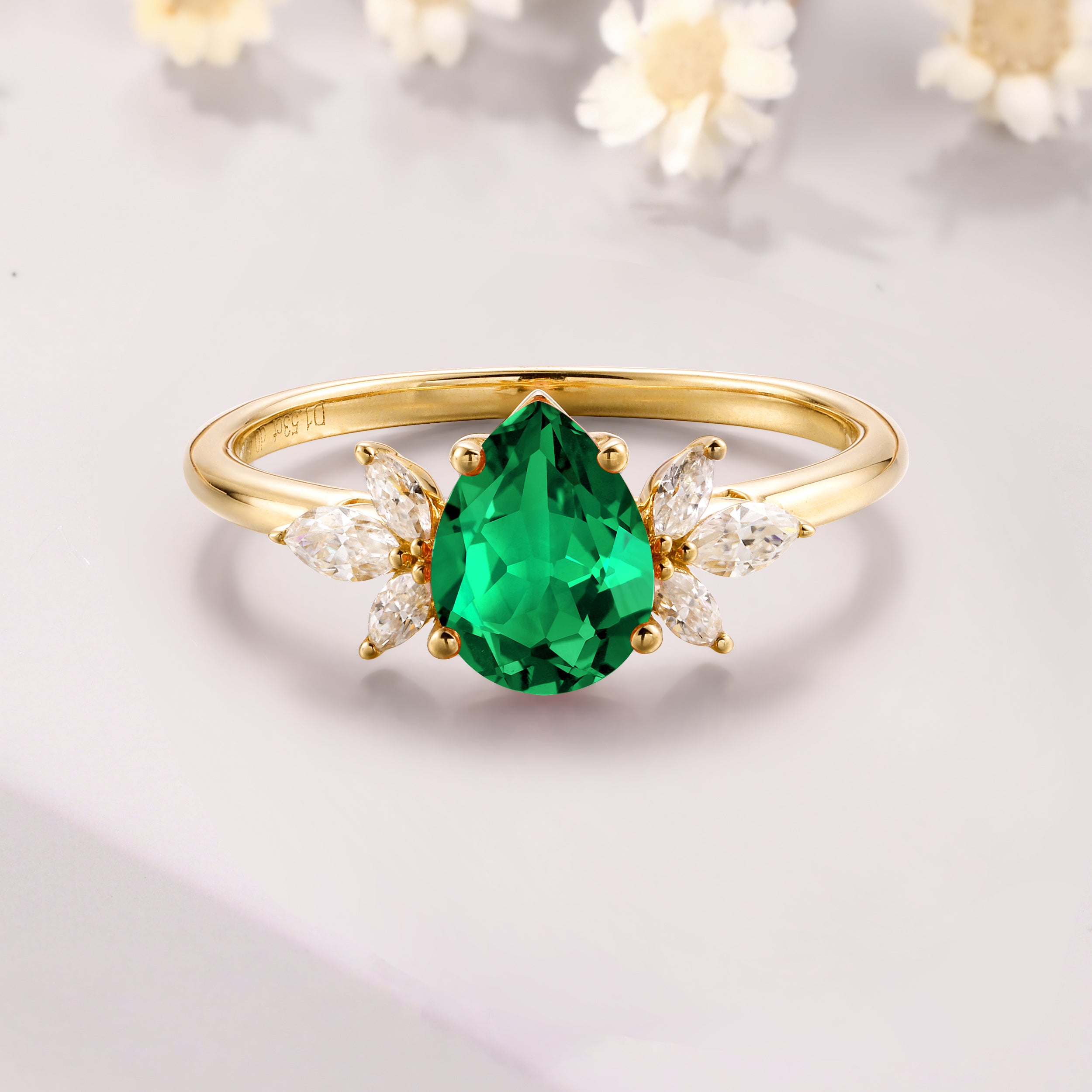 paer shaped Tsavorite garnet engagement ring 14K yellow gold marquise cluster ring green gemstone ring gift for women