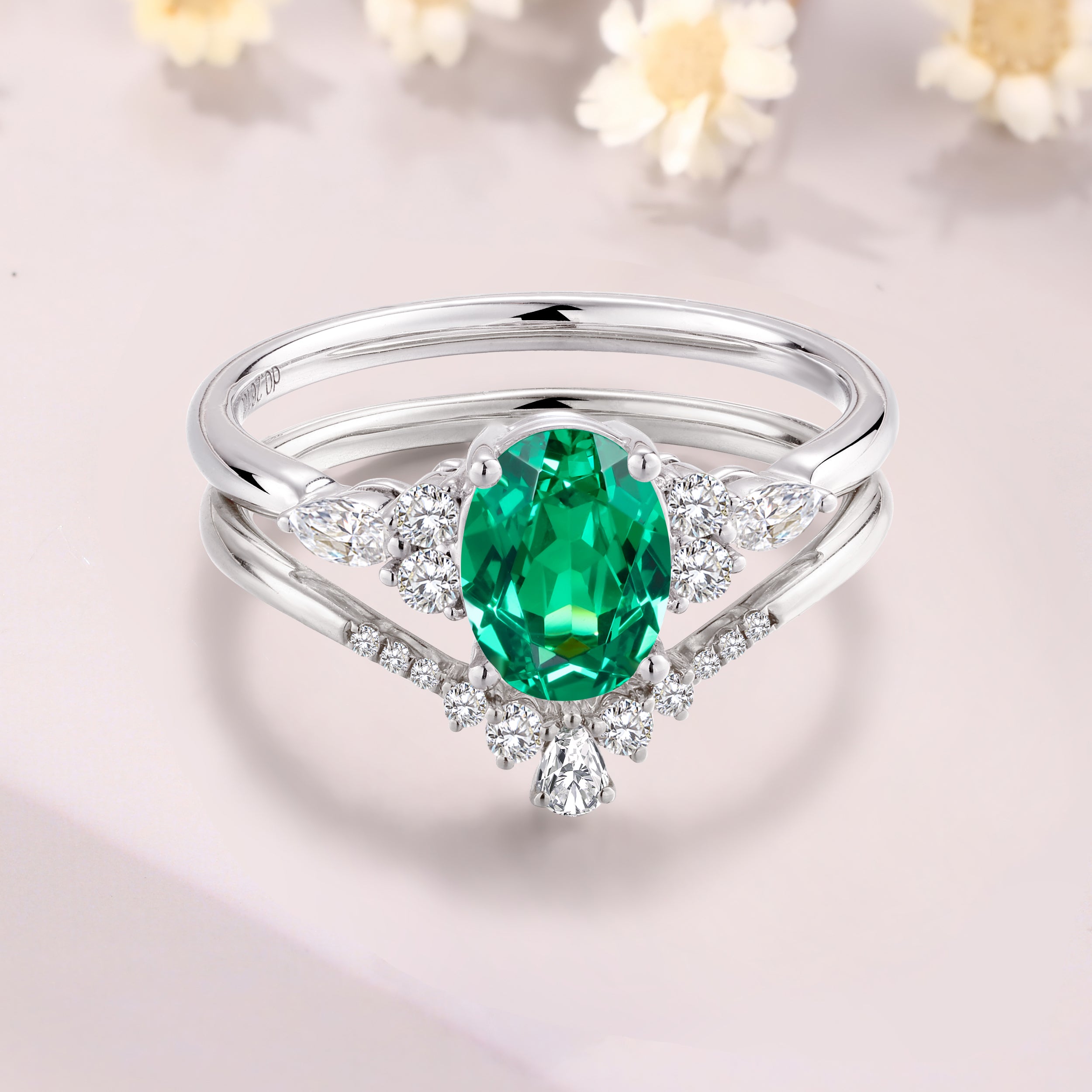 oval Tsavorite garnet engagement ring set 14K white gold marquise wedding ring set green gemstone ring anniversary gift