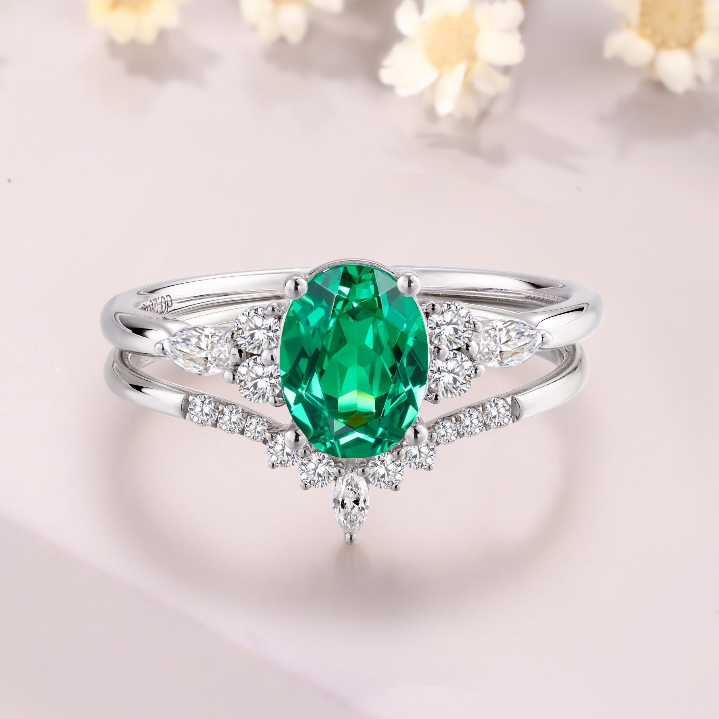Tsavorite garnet engagement ring set 14K white gold green garnet wedding set marquise moissanite ring gift for women