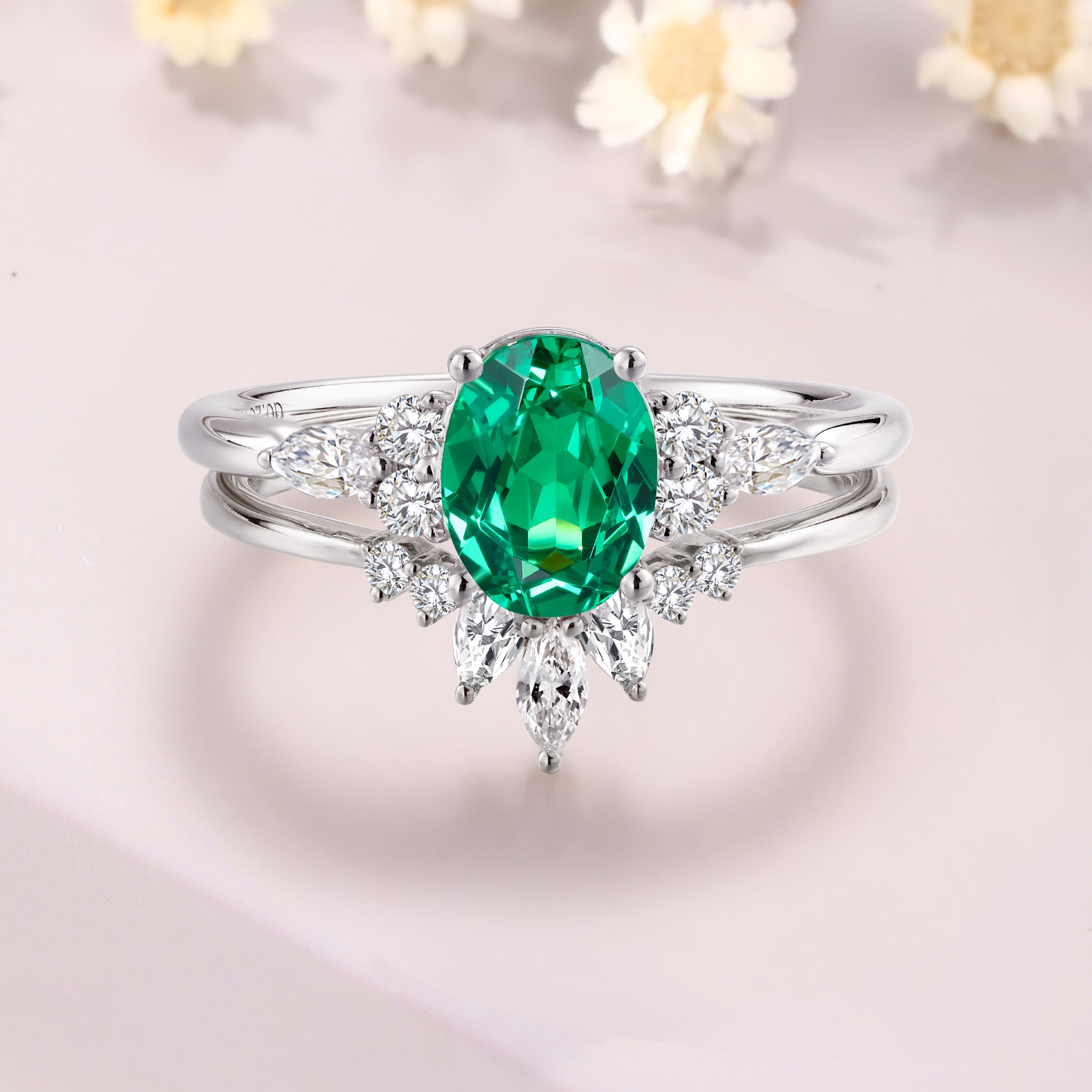 Tsavorite garnet engagement ring set 14K white gold green garnet wedding bridal set anniversary gift