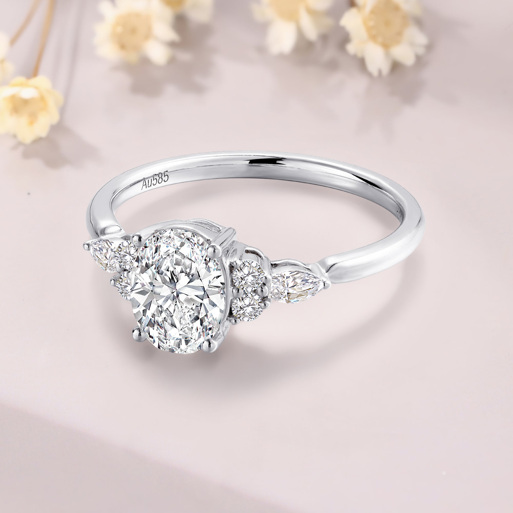 6*8mm 1.5ct Oval Cut Moissanite Engagement Ring unique 14K White gold cluster engagement ring Moissanite Promise Ring gift for girlfriends