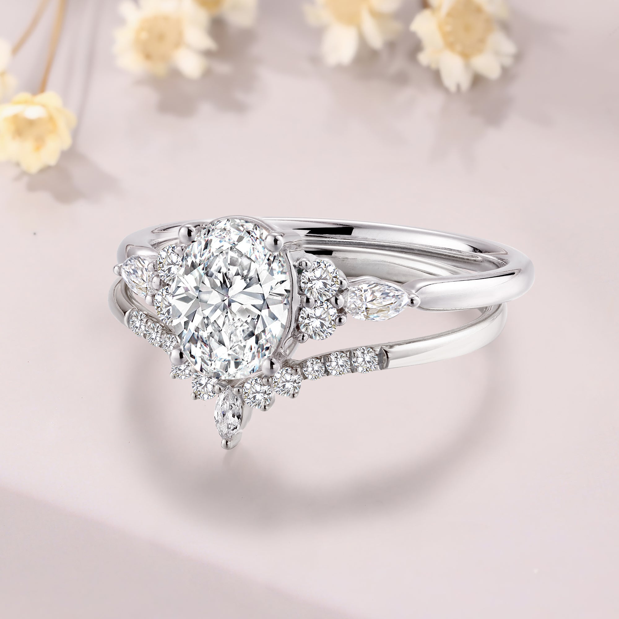 Oval Cut Moissanite Engagement Ring set 14K white gold moissanite bridal set wedding curved band for women