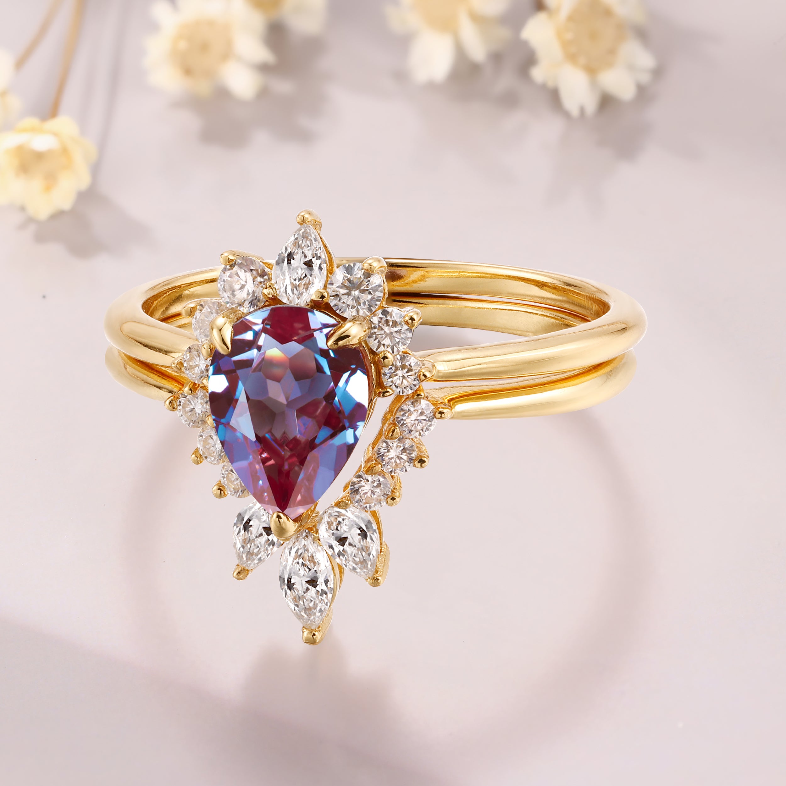 Pear Shaped Alexandrite  Unique Engagement White Gold Bridal Ring