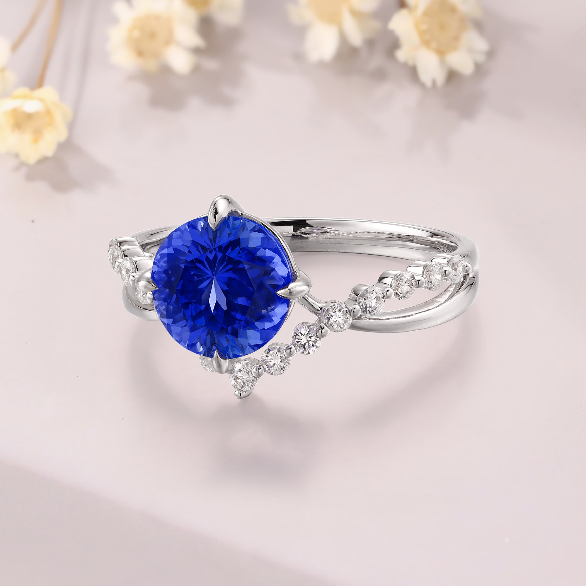 Round Cut Tanzanite Engagement Ring 14K white gold twisted Moissanite Ring Tanzanite solitaire ring for women