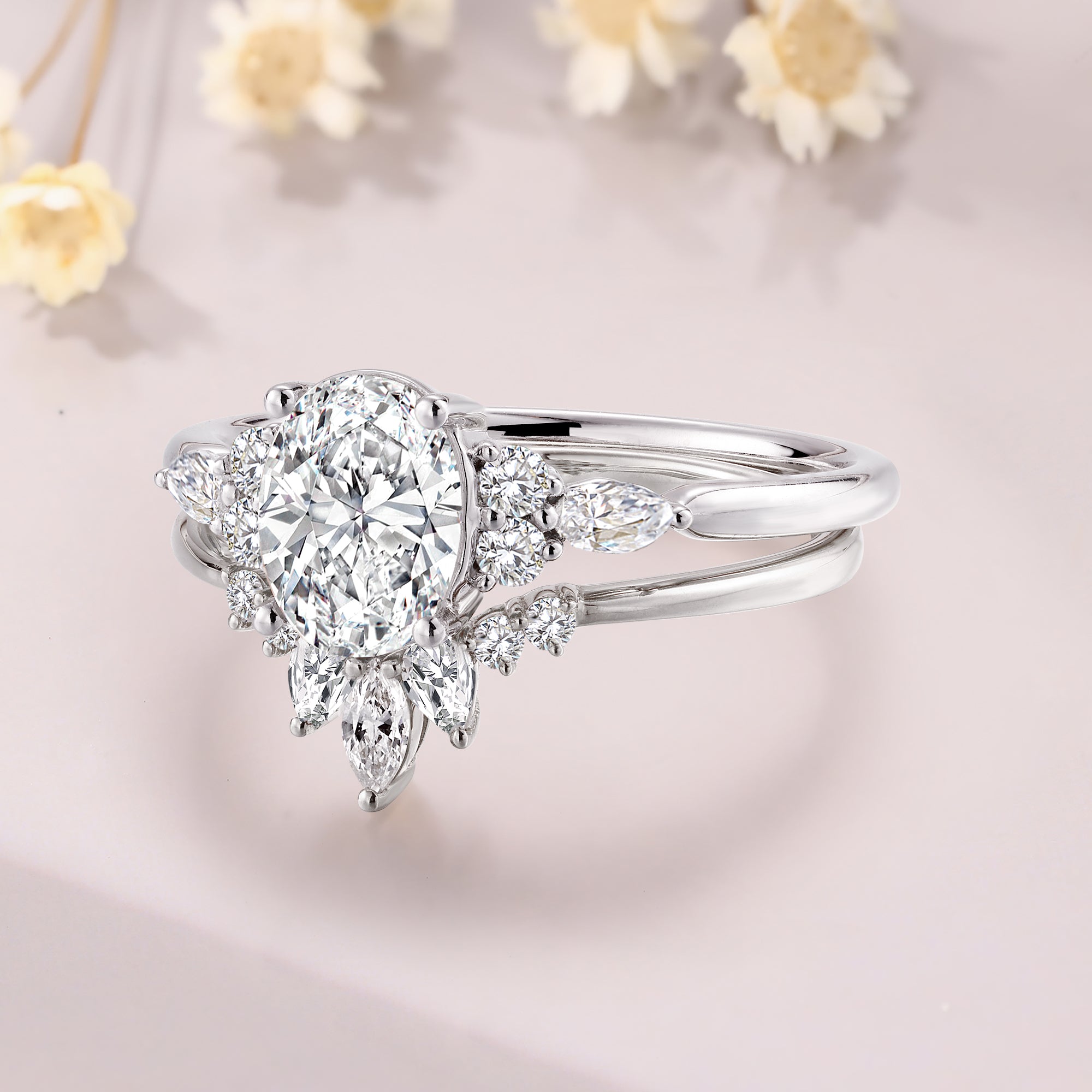 Oval cut Moissanite engagement ring set vintage White gold engagement ring set  Bridal Set Unique Oval Engagement Rings For Women