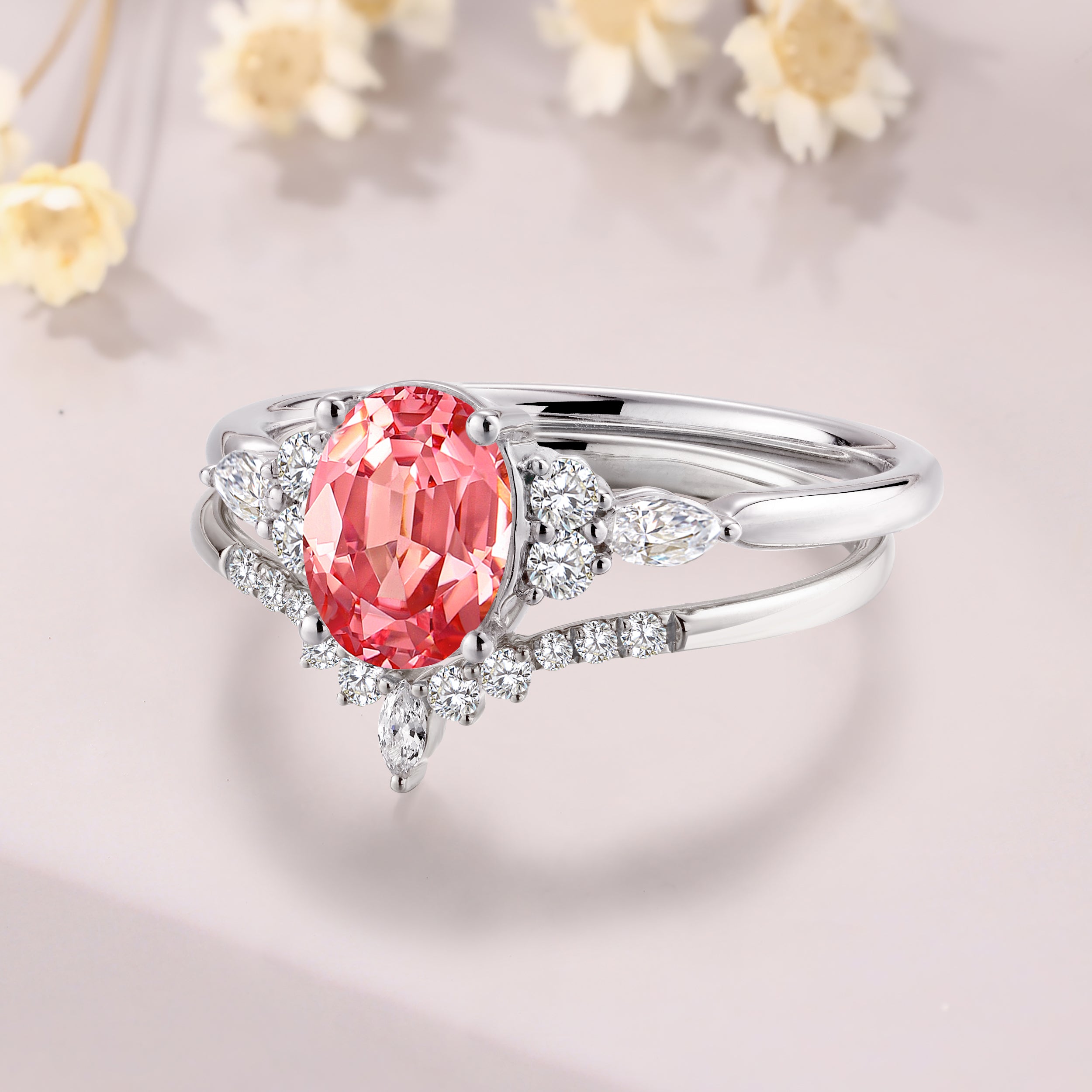 Oval Padparadscha sapphire engagement ring set 14K white gold pink sapphire bridal set pink gemstone ring Birthday Gift