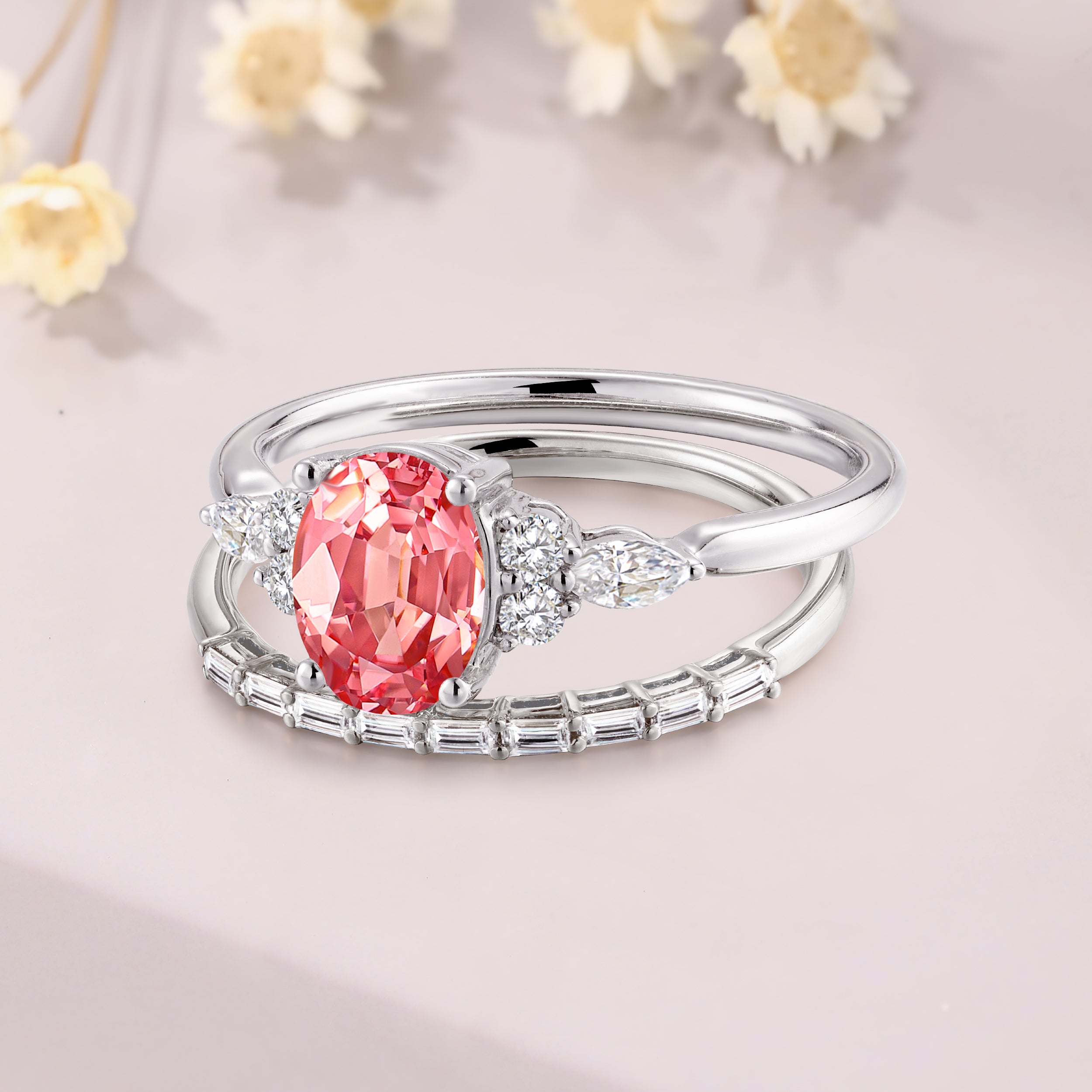 Oval cut Padparadscha sapphire engagement ring set art deco pink sapphire bridal set 14K white gold baguette matching Band