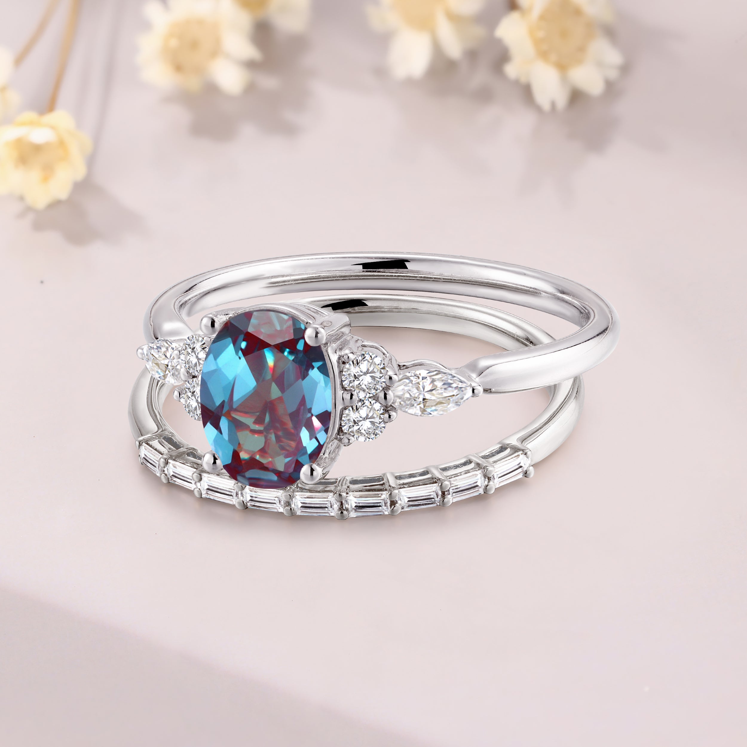 oval cut alexandrite engagement trio ring set 14K white gold alexandrite wedding bridal set June Birthstone Ring