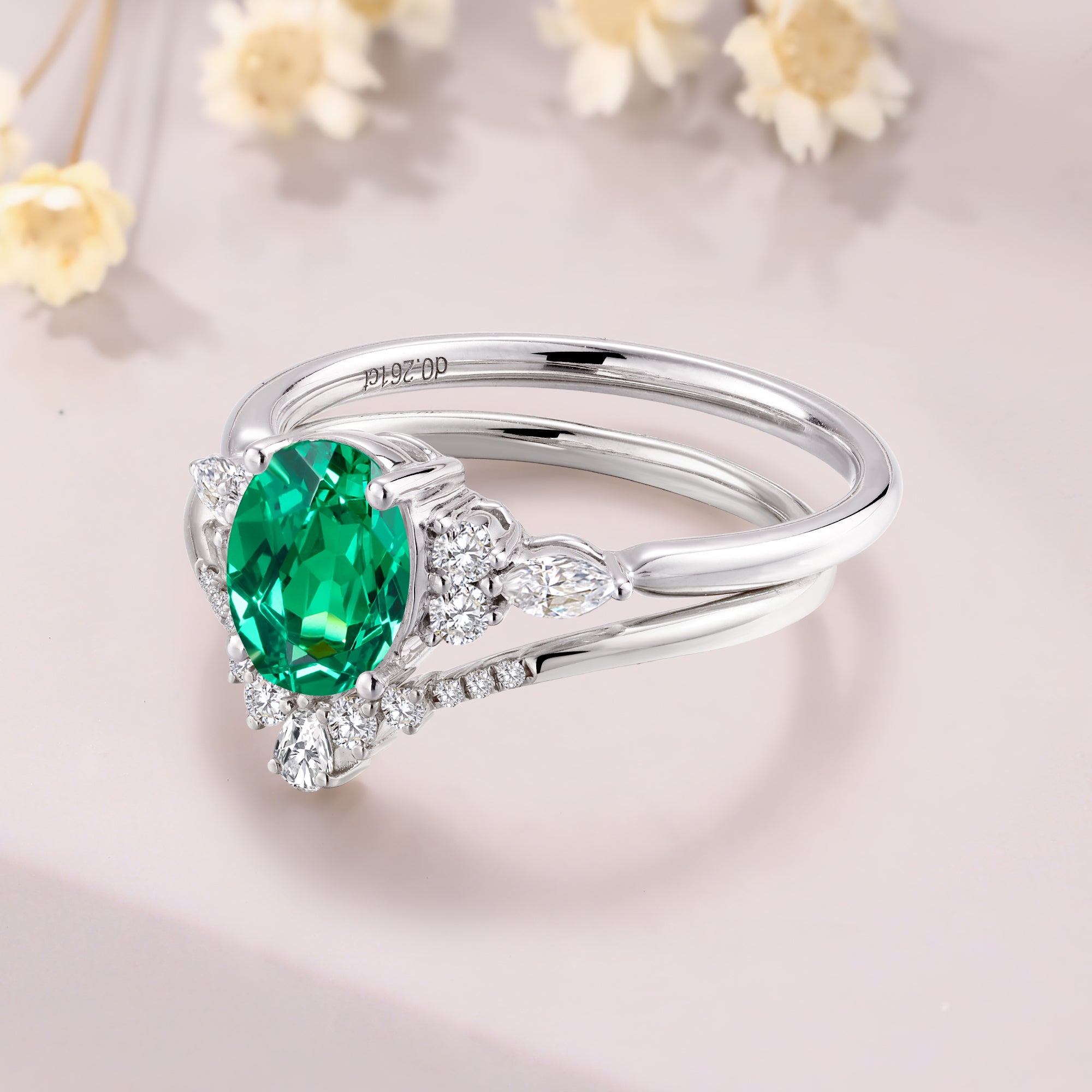 oval Tsavorite garnet engagement ring set 14K white gold marquise wedding ring set green gemstone ring anniversary gift