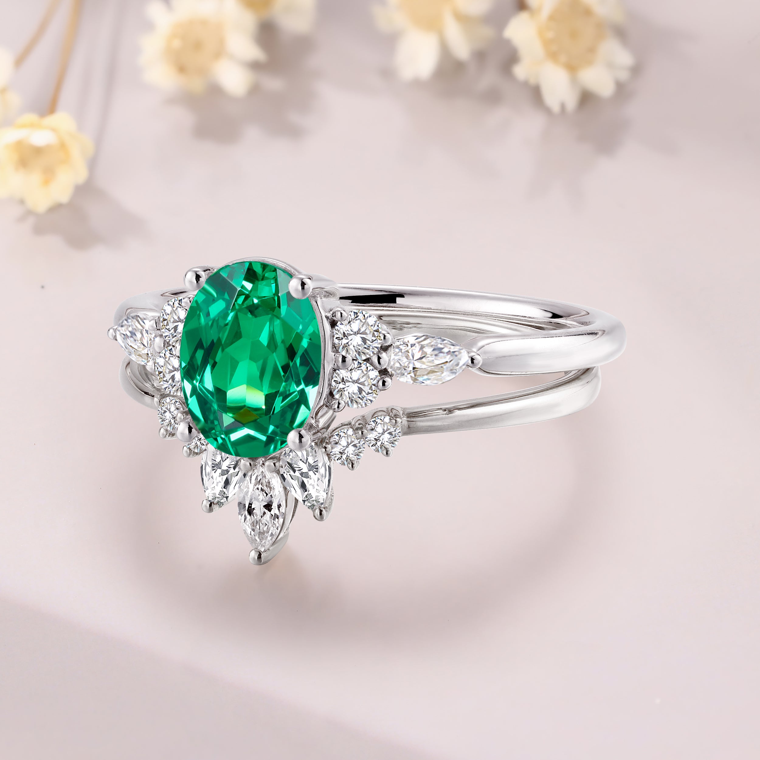 Tsavorite garnet engagement ring set 14K white gold green garnet wedding bridal set anniversary gift