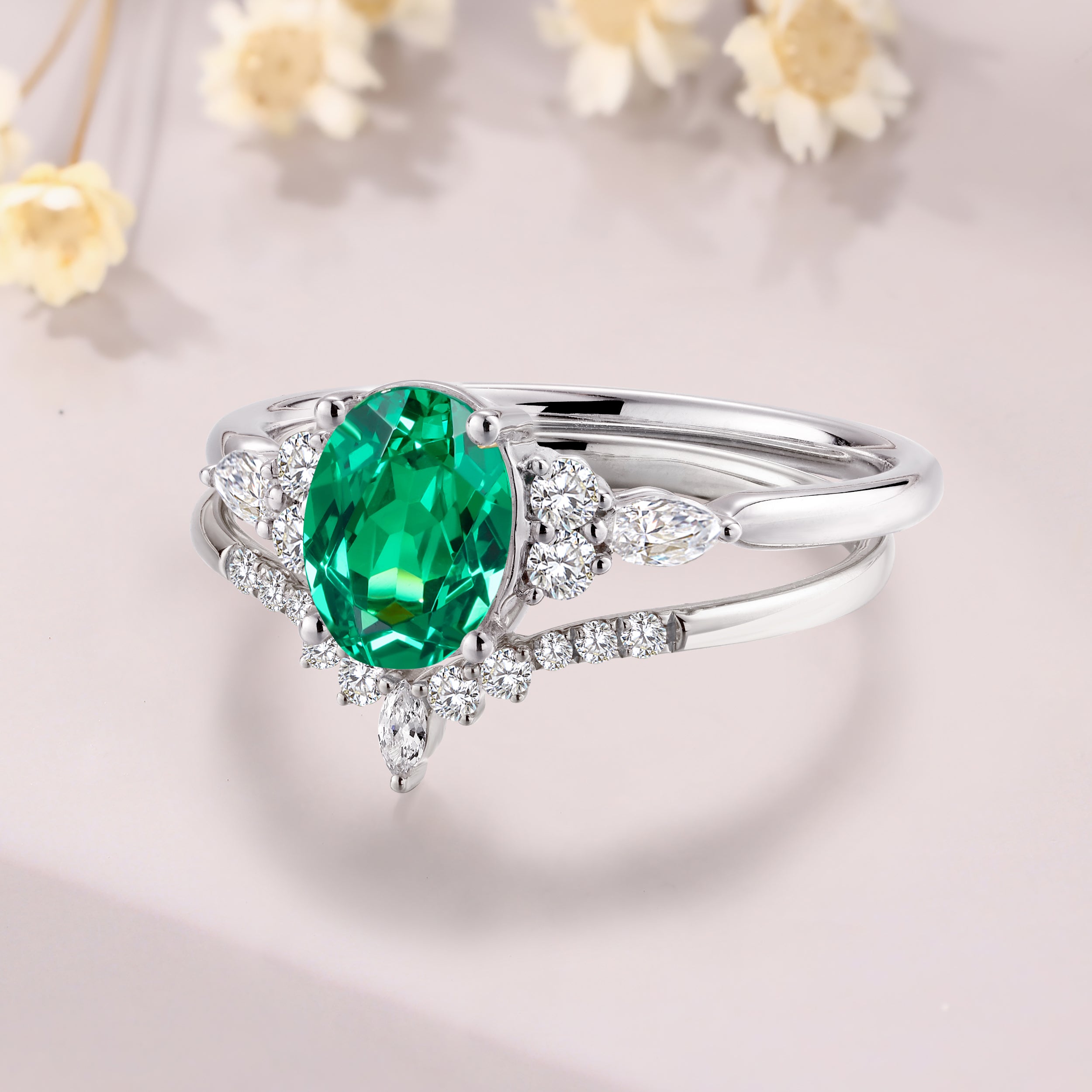Tsavorite garnet engagement ring set 14K white gold green garnet wedding set marquise moissanite ring gift for women