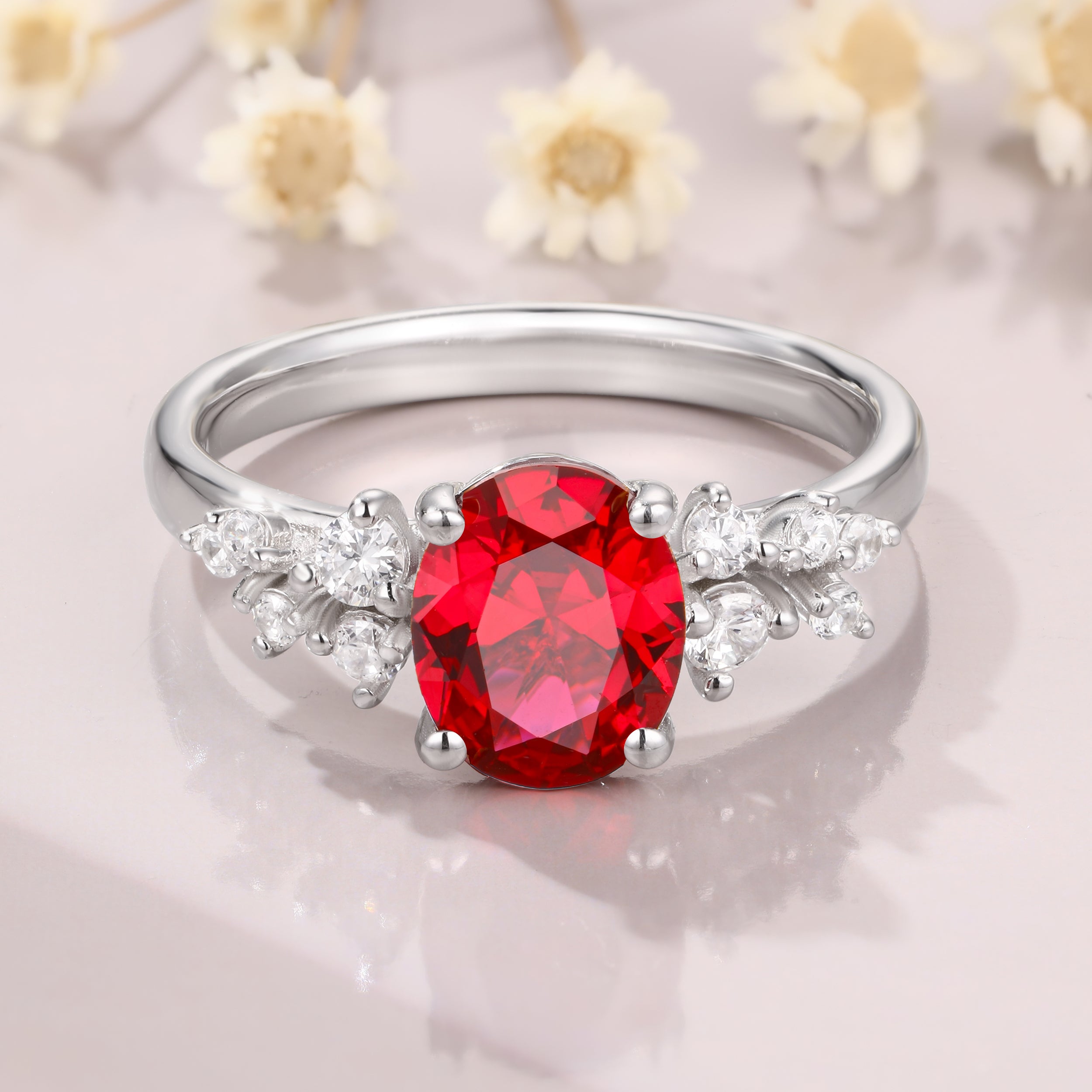 Vintage Oval Ruby Engagement Ring Lab Red Ruby Wedding Ring For Women Unique Cluster Moissanite Ring Bridal Promise Ring Gift for Her