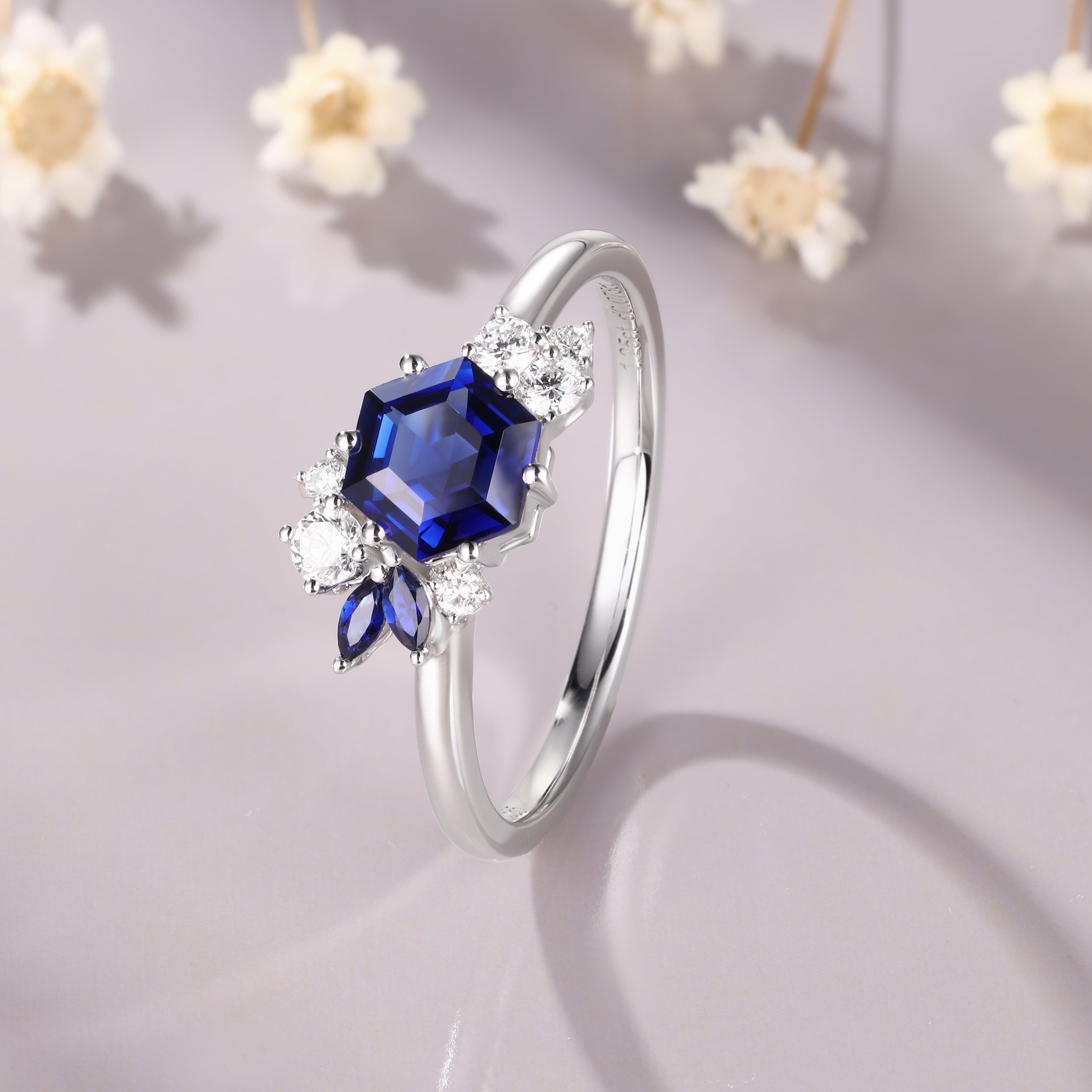 Hexagon Cut Blue Sapphire White Gold Engagement September Birthstone Wedding Ring