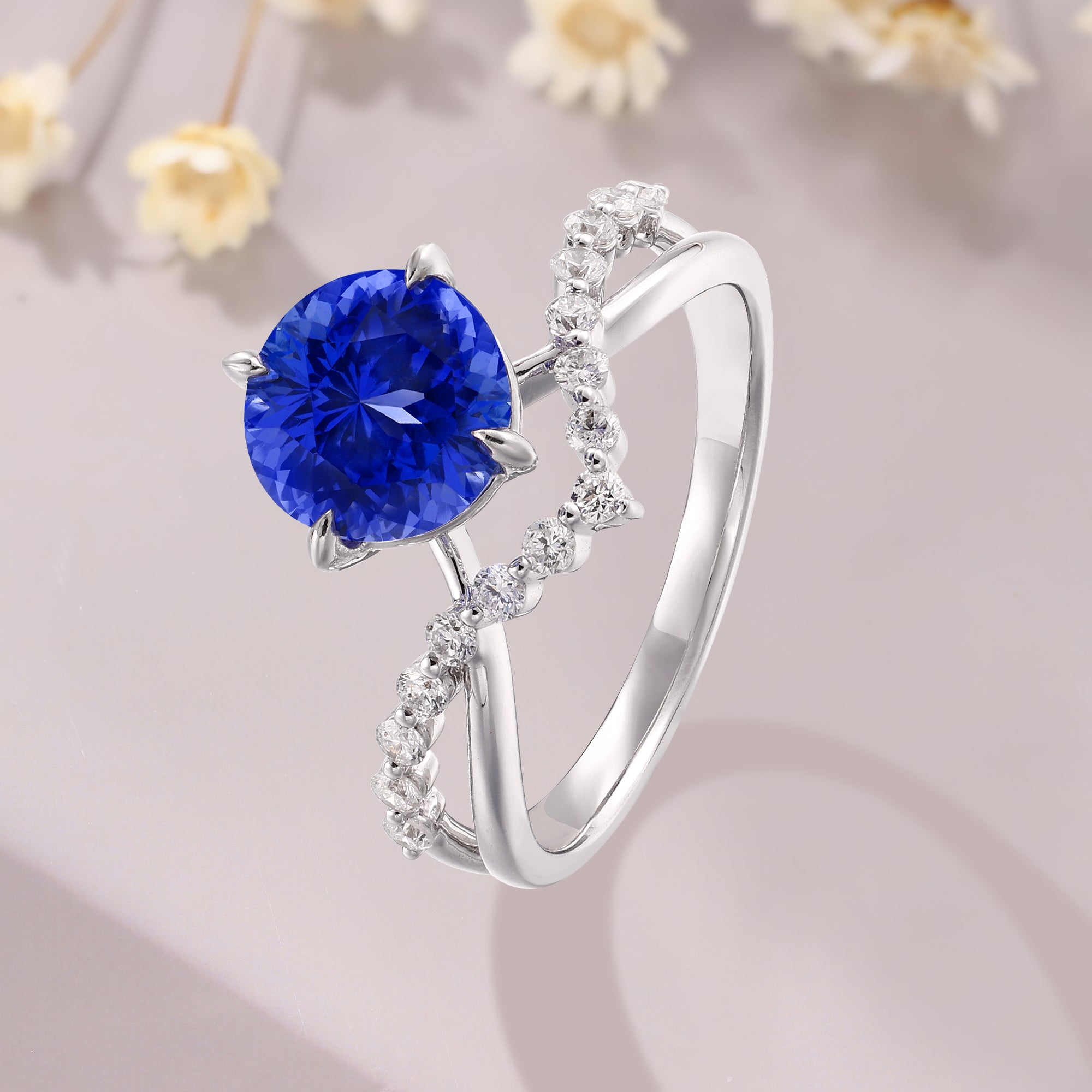 Round Cut Tanzanite Engagement 14K White Gold Twisted Solitaire Ring for Women
