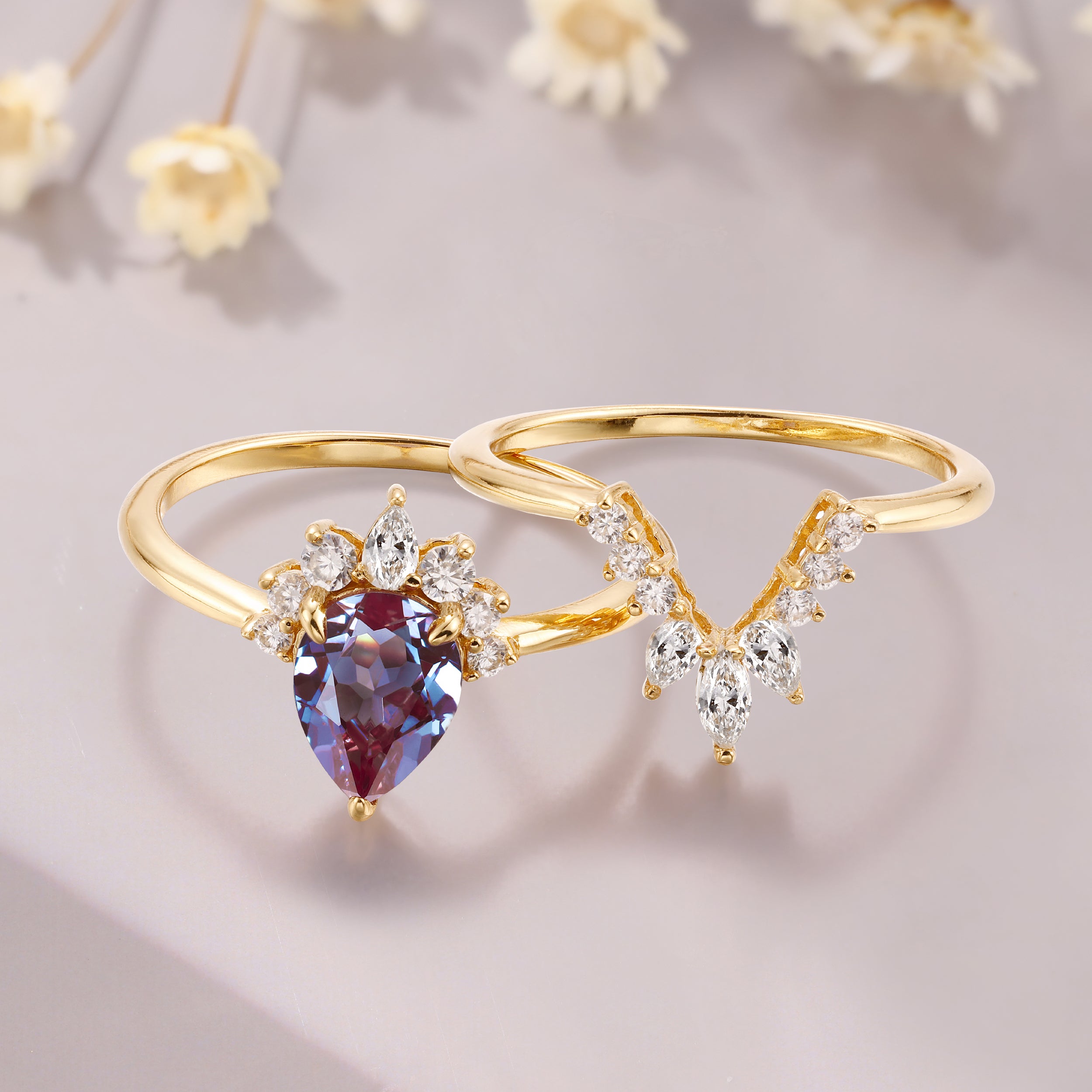 Pear Shaped Alexandrite  Unique Engagement White Gold Bridal Ring