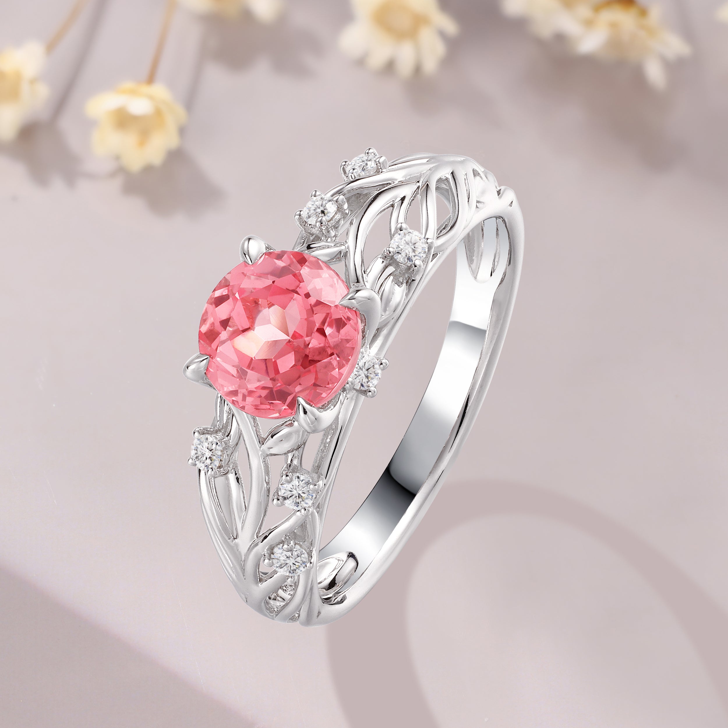 Vintage Round shaped Padparadscha sapphire engagement ring unique 14K white gold leaf branch ring natural inspired ring pink sapphire ring for women