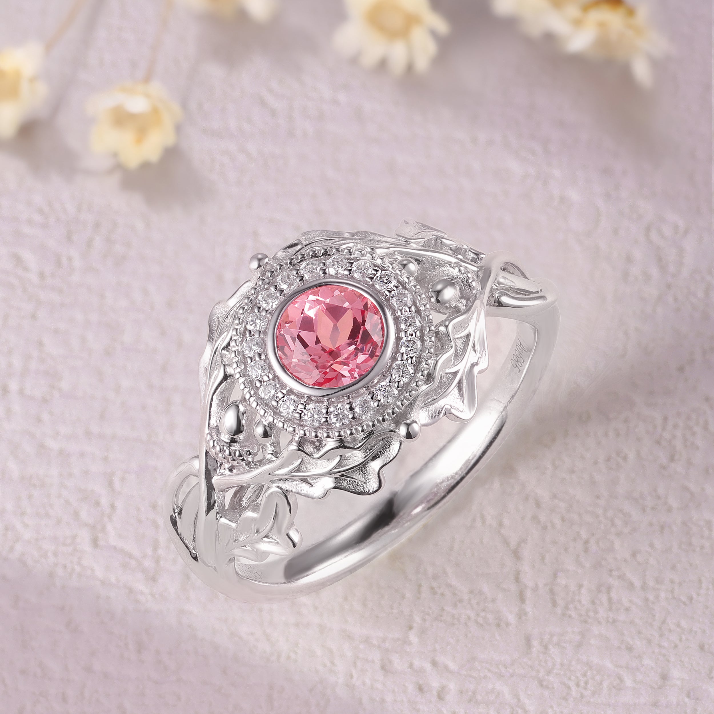 Round pink sapphire engagement ring, gold nature inspired ring