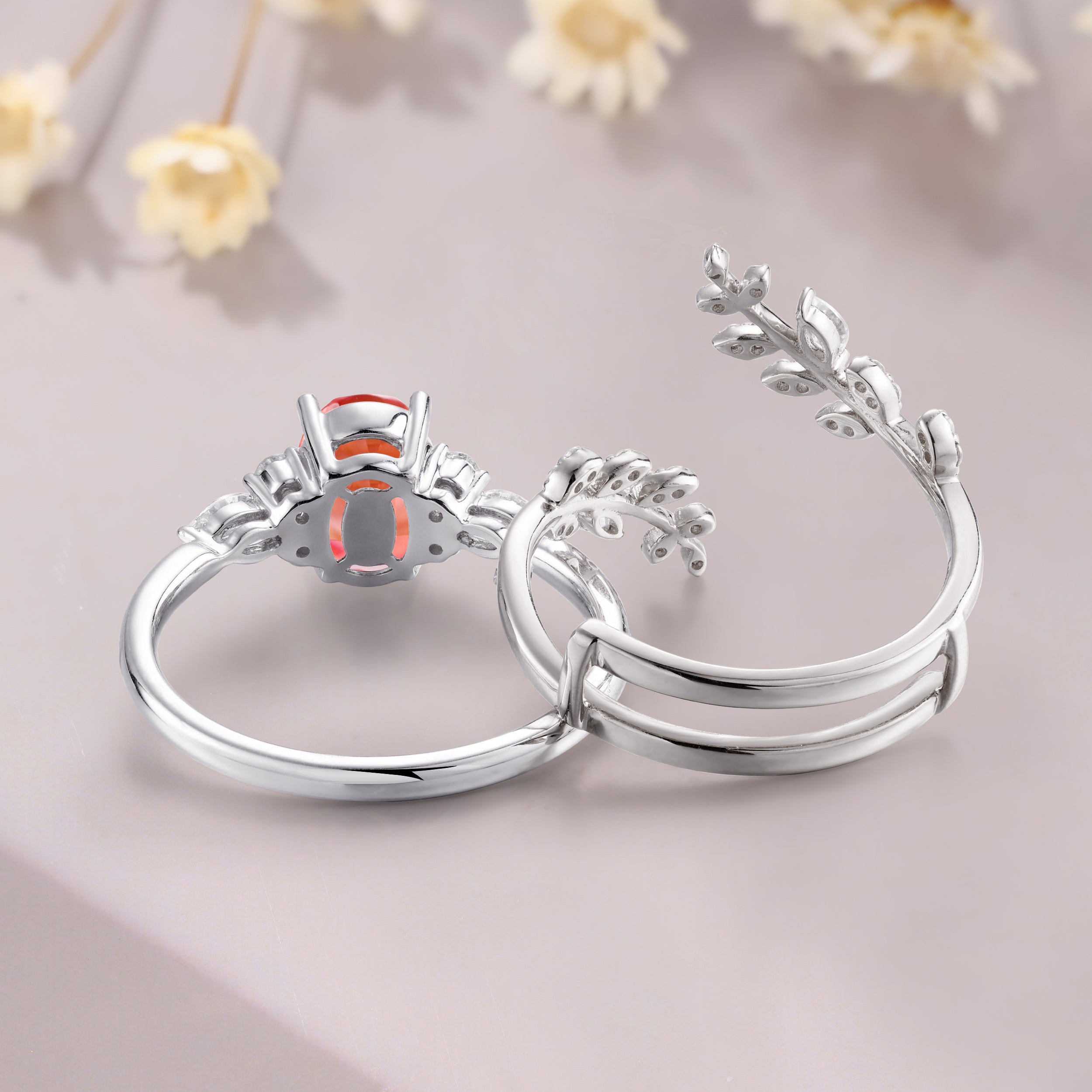 Oval shaped Padparadscha sapphire Engagement ring set natural inspired ring leaf branch vine ring moissanite bridal ring set gift for her