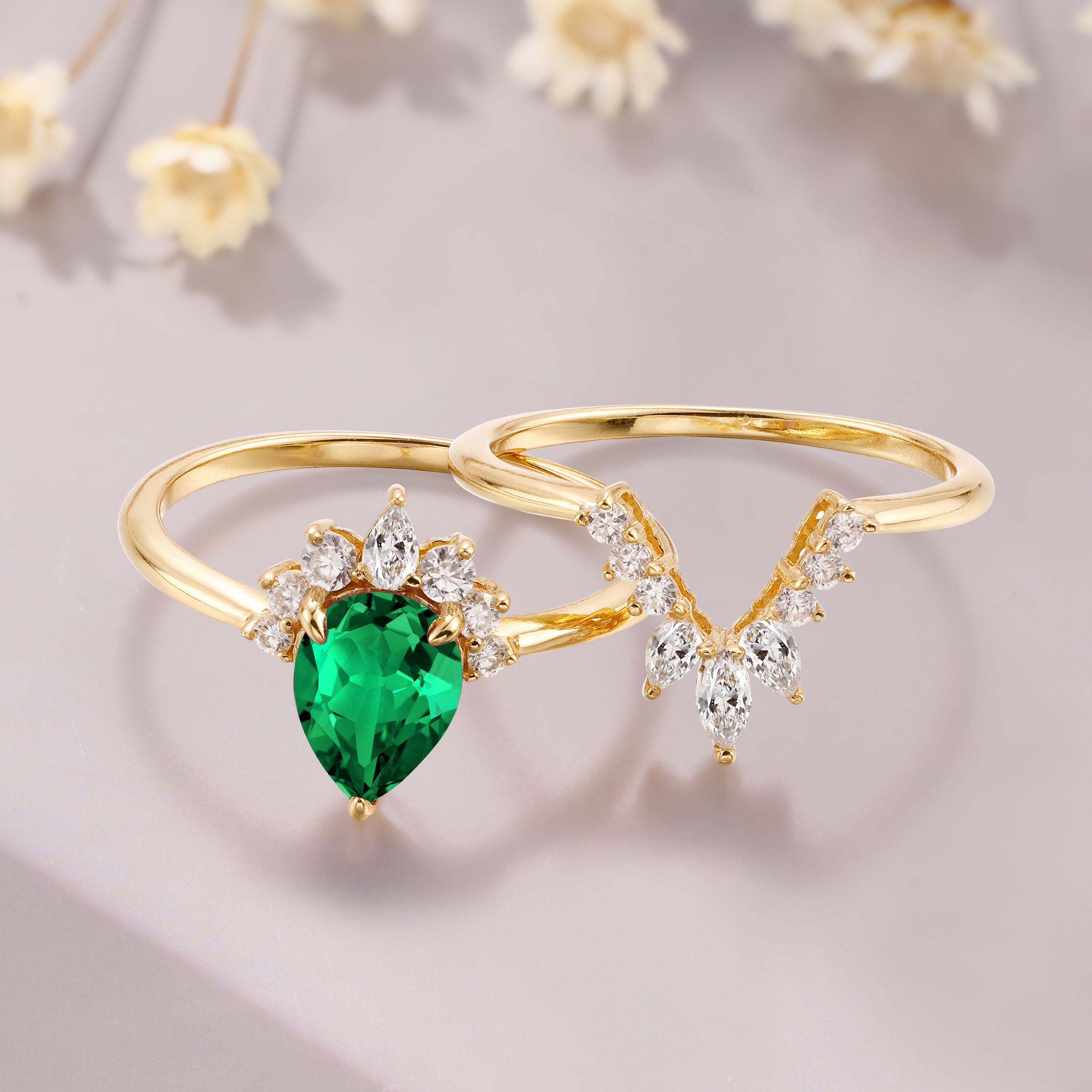 Tsavorite garnet engagement ring set 14K yellow gold marquise moissanite bridal set green gemstone ring gift for women