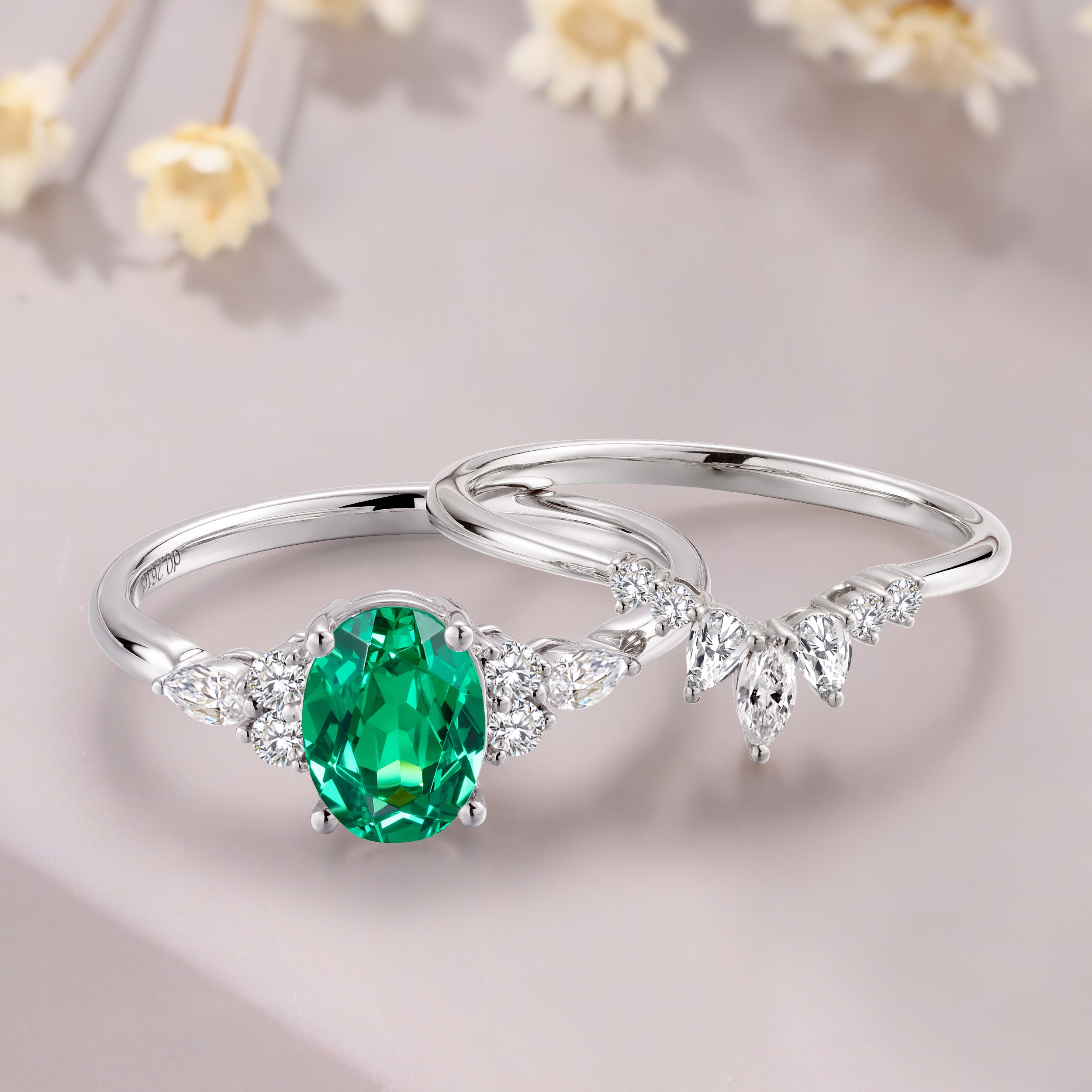 Tsavorite garnet engagement ring set 14K white gold green garnet wedding bridal set anniversary gift