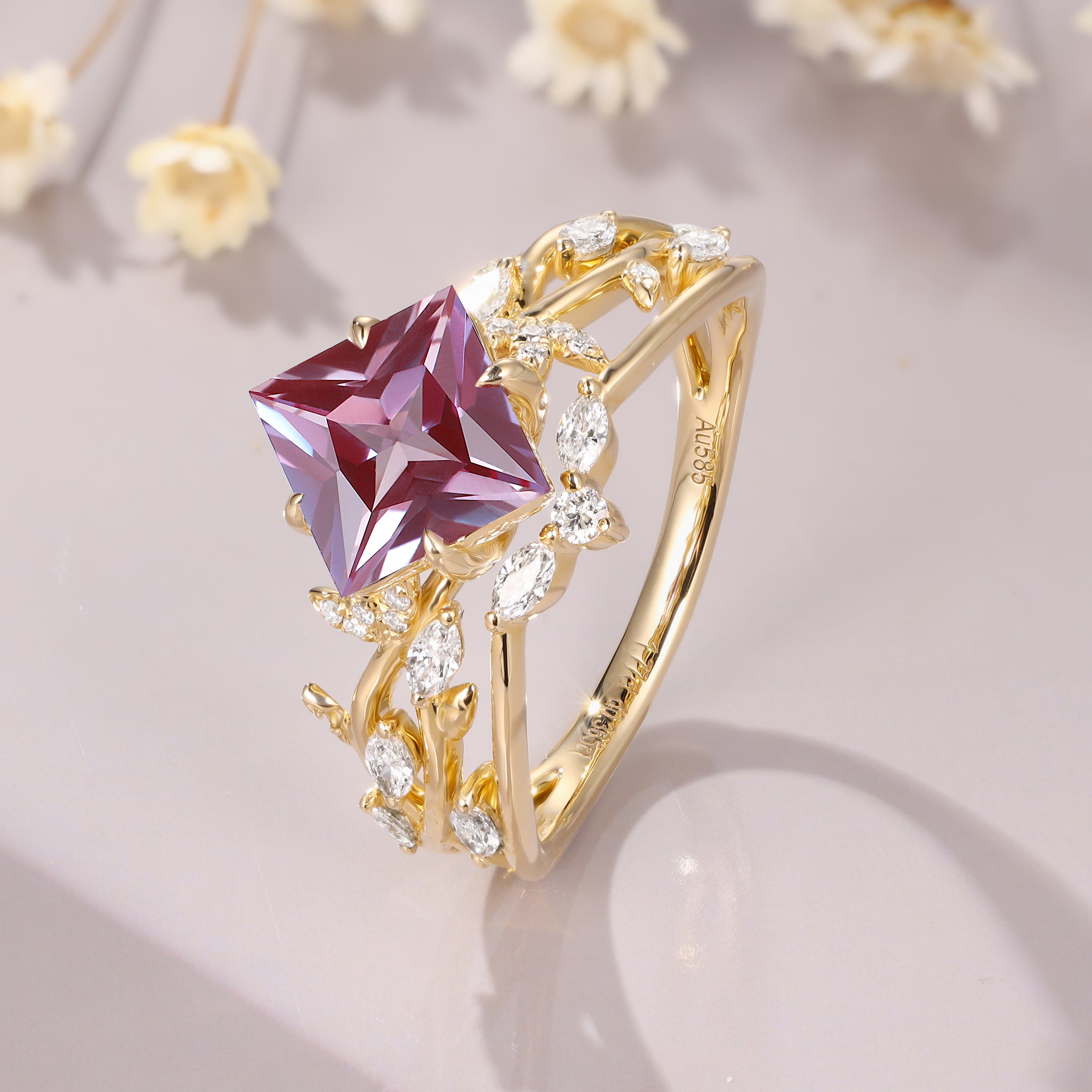 Nature inspired Princess Cut Alexandrite Moissanite Engagement Leaf Branch Design Bridal Ring