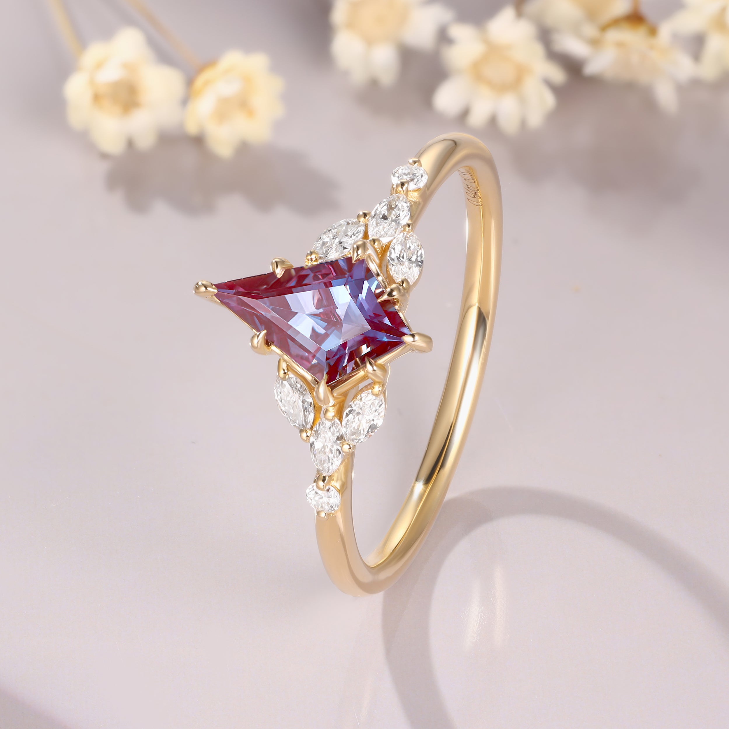 Vintage Kite Cut Alexandrite Engagement Unique Color Change Gemstone Ring