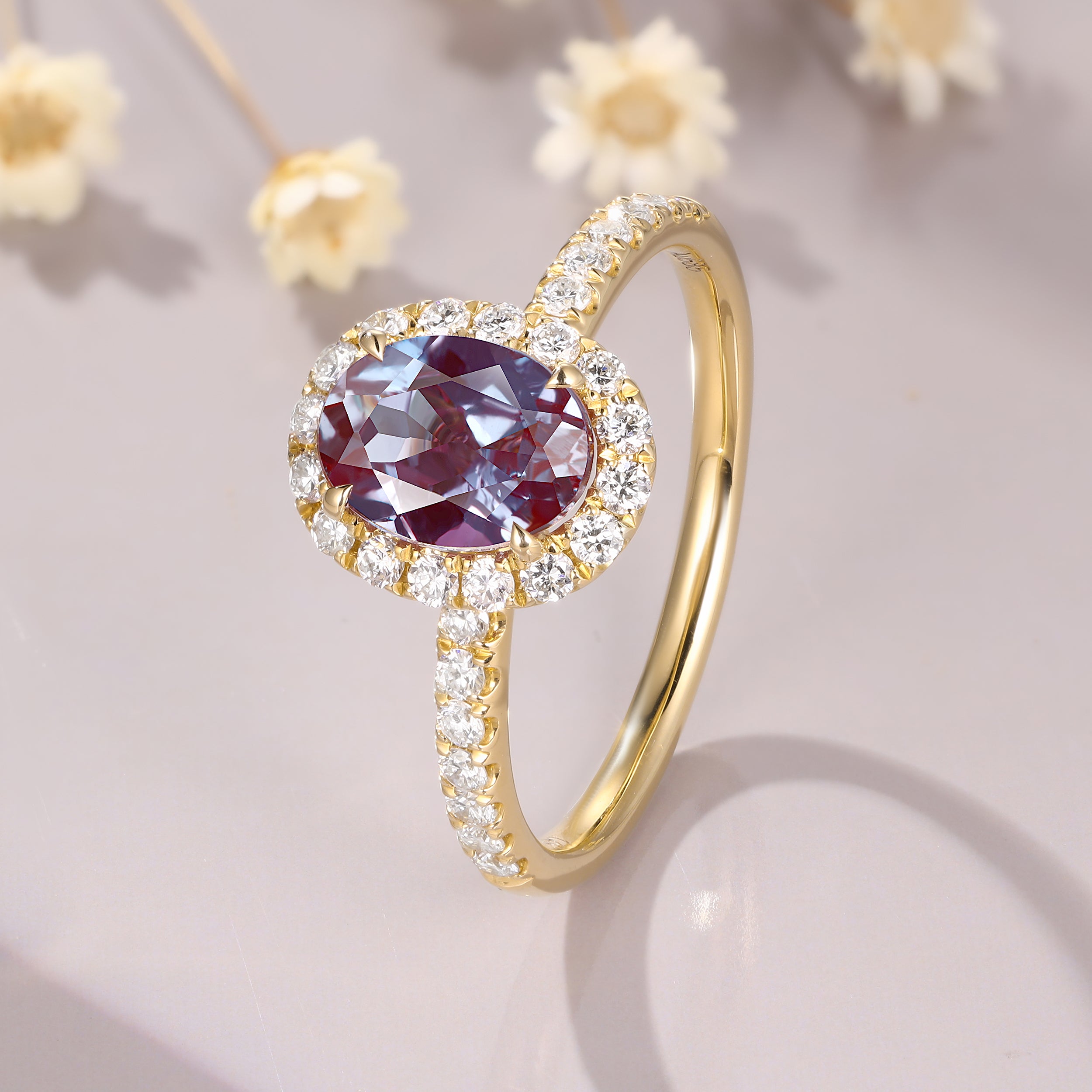 Oval Alexandrite Engagement Ring 14K Yellow Gold Moissanite Halo Ring Alexandrite Halo Ring Anniversary Gift For Women