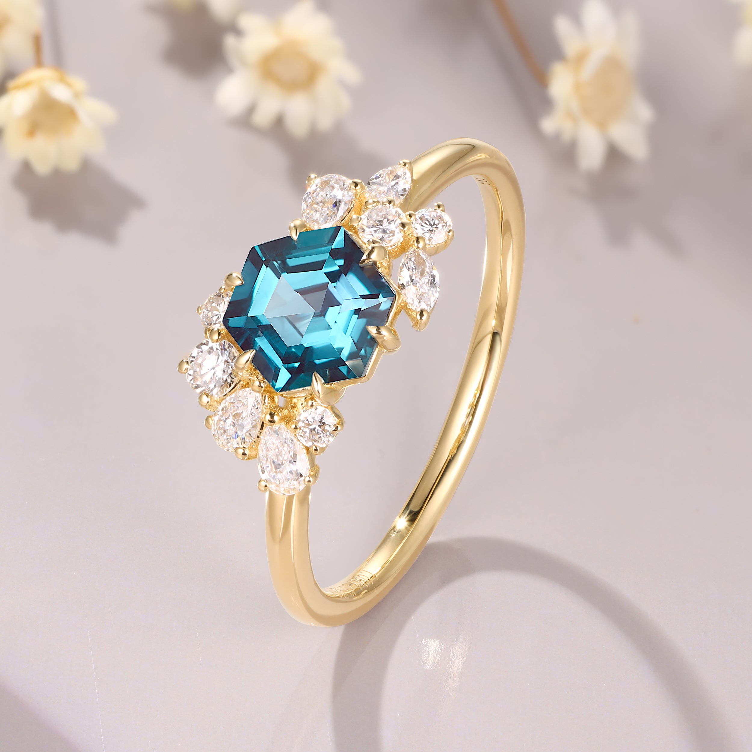 Hexagon Alexandrite Ring Vintage Hexagon Cut Alexandrite Engagement Ring Yellow Gold Moissanite Cluster Ring June Birthstone Gift