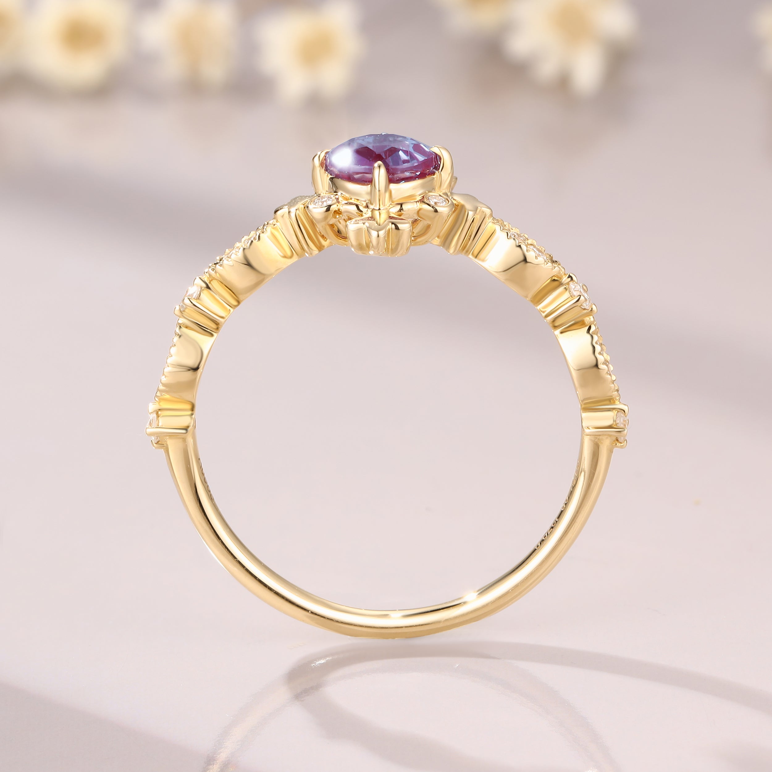Alexandrite ring vintage round Alexandrite engagement ring 14K yellow gold ring anniversary gift for women