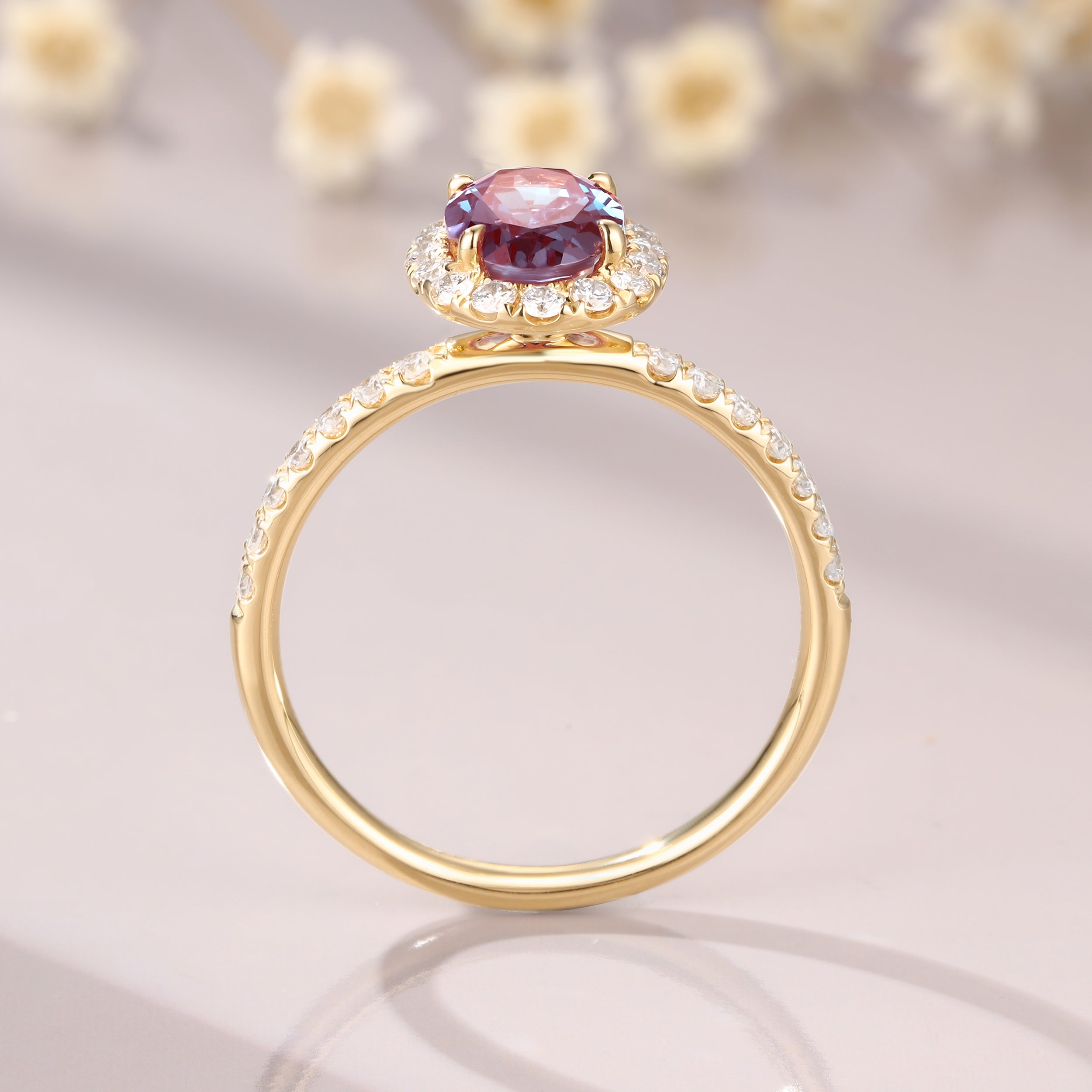 Oval Alexandrite Engagement Ring 14K Yellow Gold Moissanite Halo Ring Alexandrite Halo Ring Anniversary Gift For Women