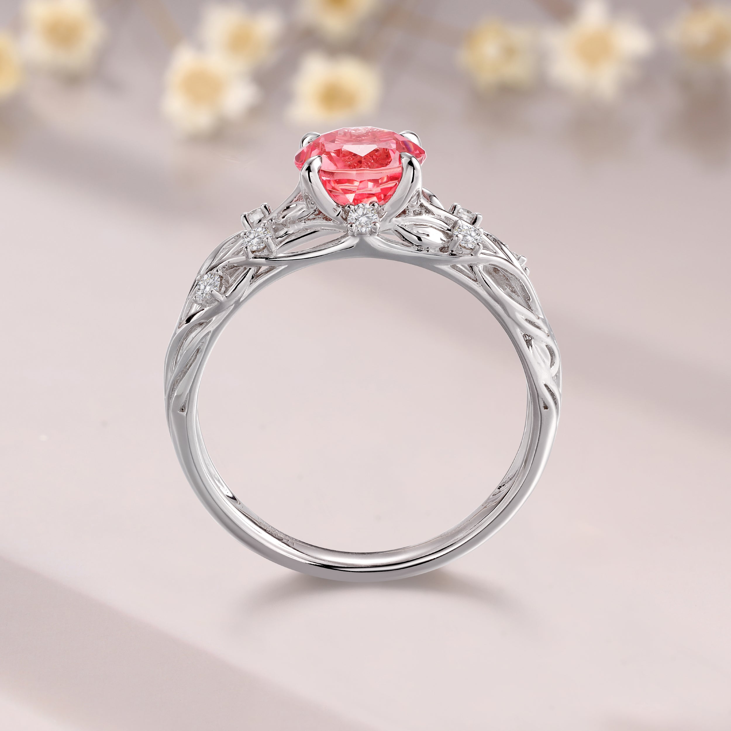 Vintage Round shaped Padparadscha sapphire engagement ring unique 14K white gold leaf branch ring natural inspired ring pink sapphire ring for women