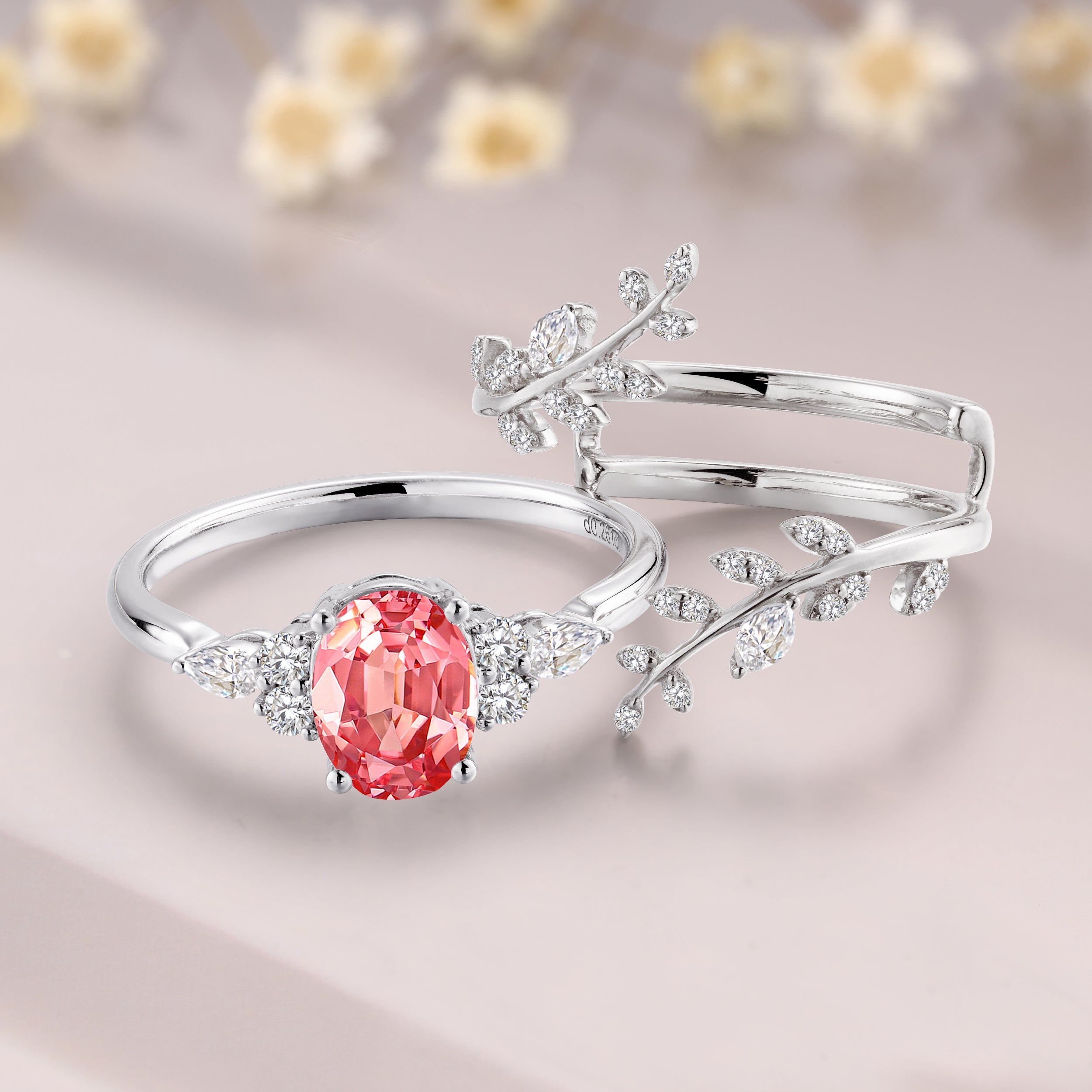 Oval shaped Padparadscha sapphire Engagement ring set natural inspired ring leaf branch vine ring moissanite bridal ring set gift for her