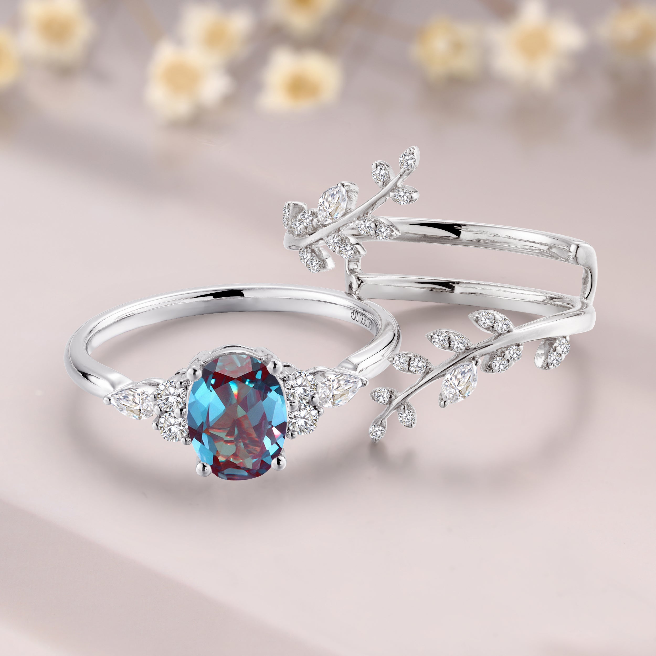 Vintage Oval Cut Alexandrite Engagement White Gold Wedding Enhancer Ring
