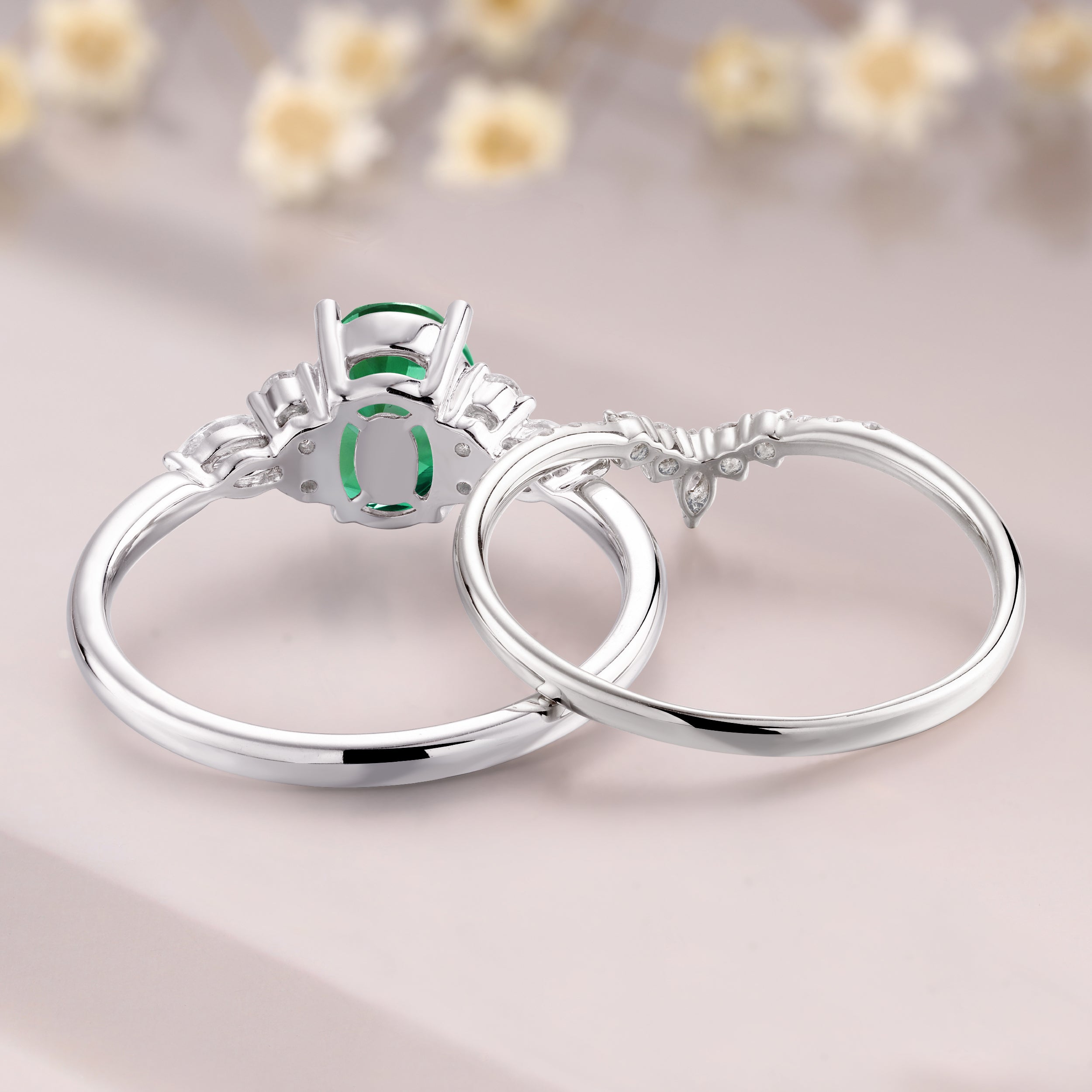 Tsavorite garnet engagement ring set 14K white gold green garnet wedding set marquise moissanite ring gift for women