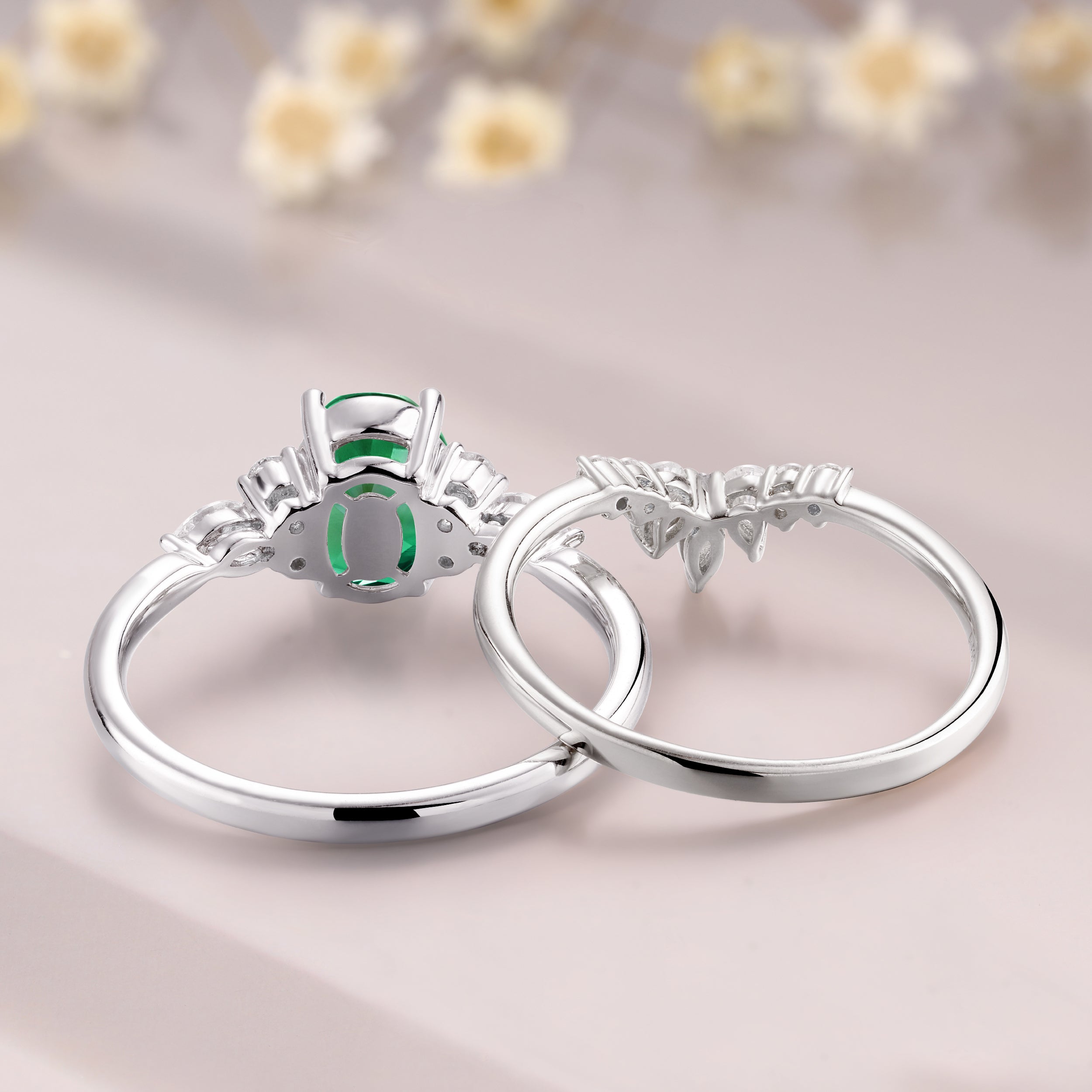 Tsavorite garnet engagement ring set 14K white gold green garnet wedding bridal set anniversary gift