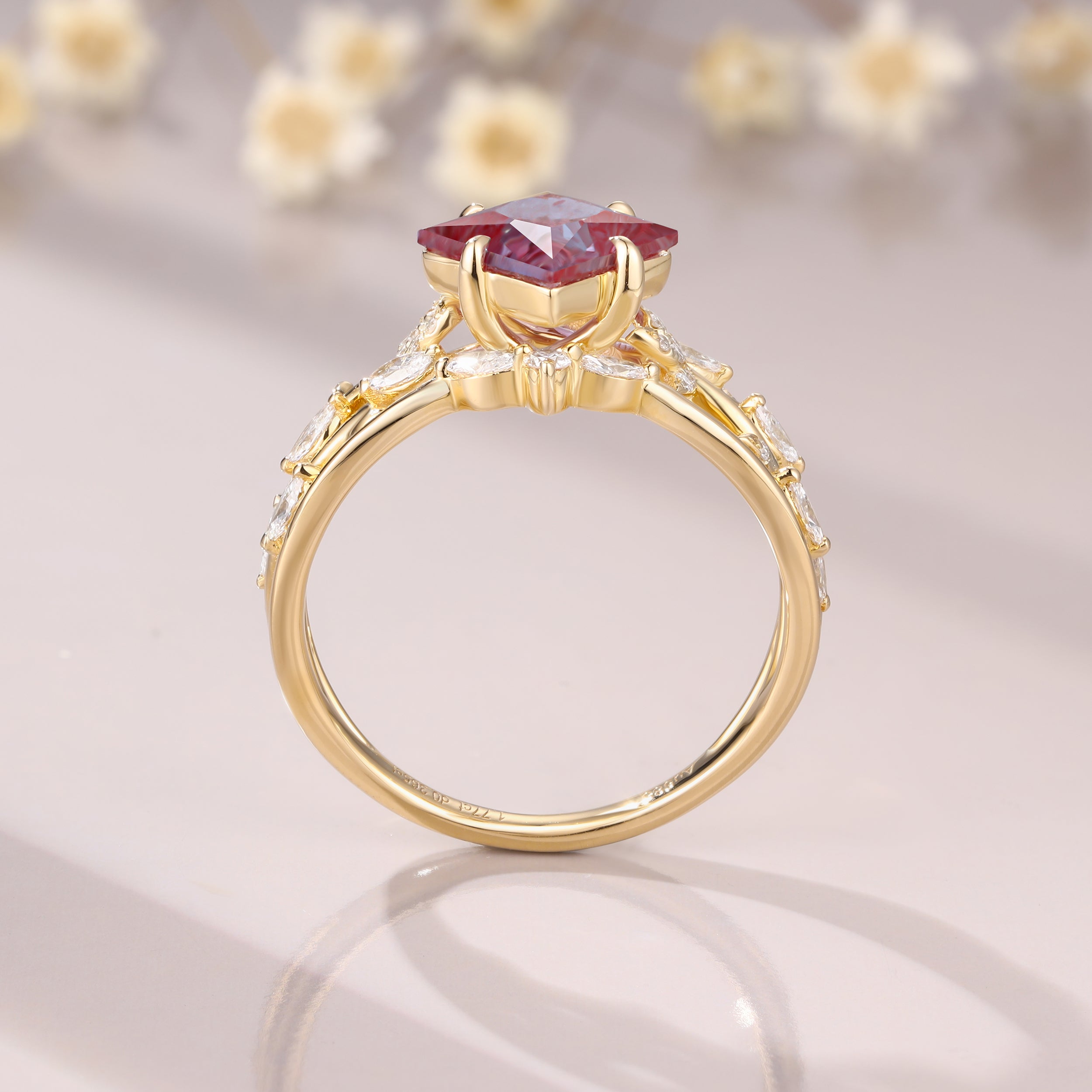 Nature inspired Princess Cut Alexandrite Moissanite Engagement Leaf Branch Design Bridal Ring