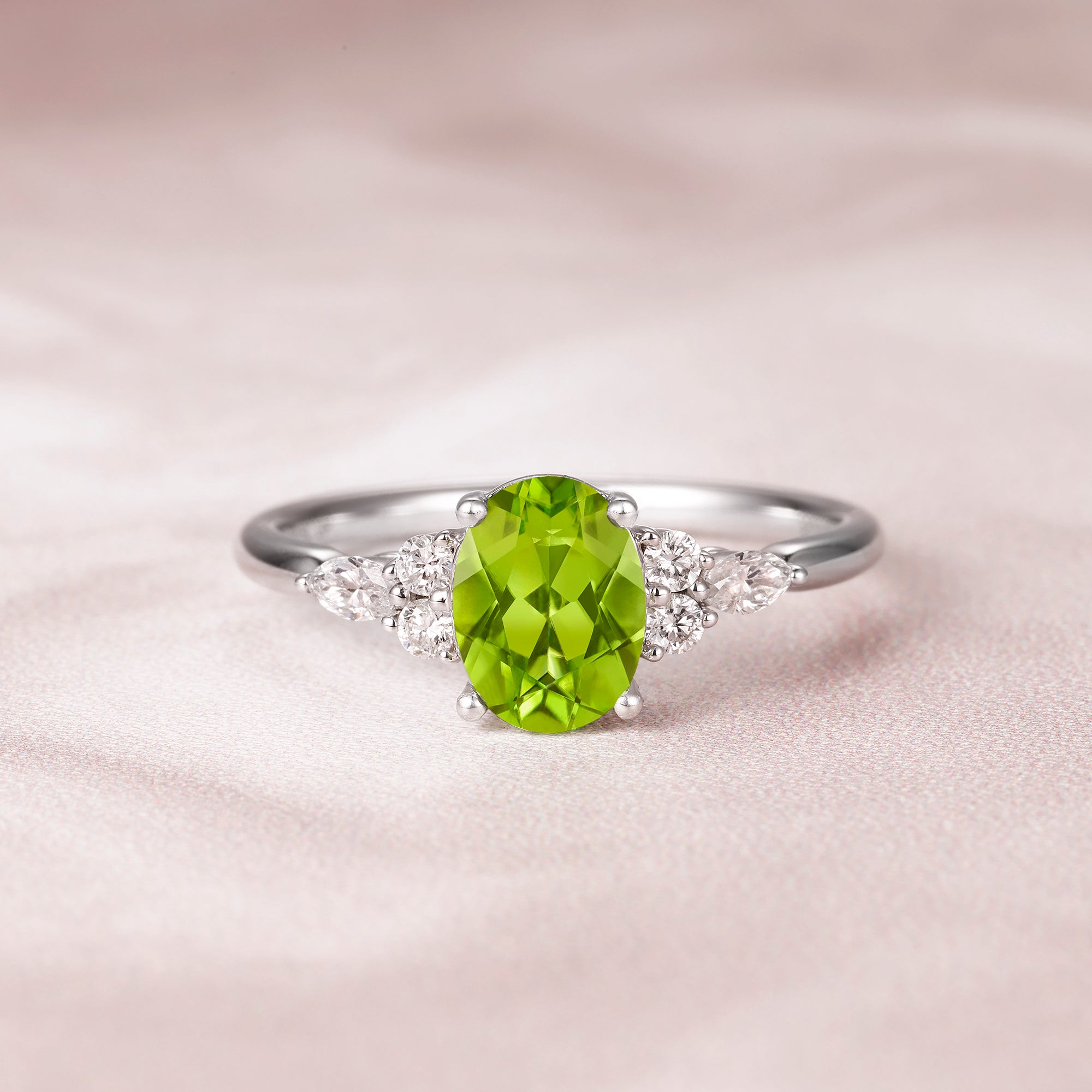 1.5CT Vintage Oval Cut Moissanite Lab Grown Peridot 14K White Gold Engagement Ring